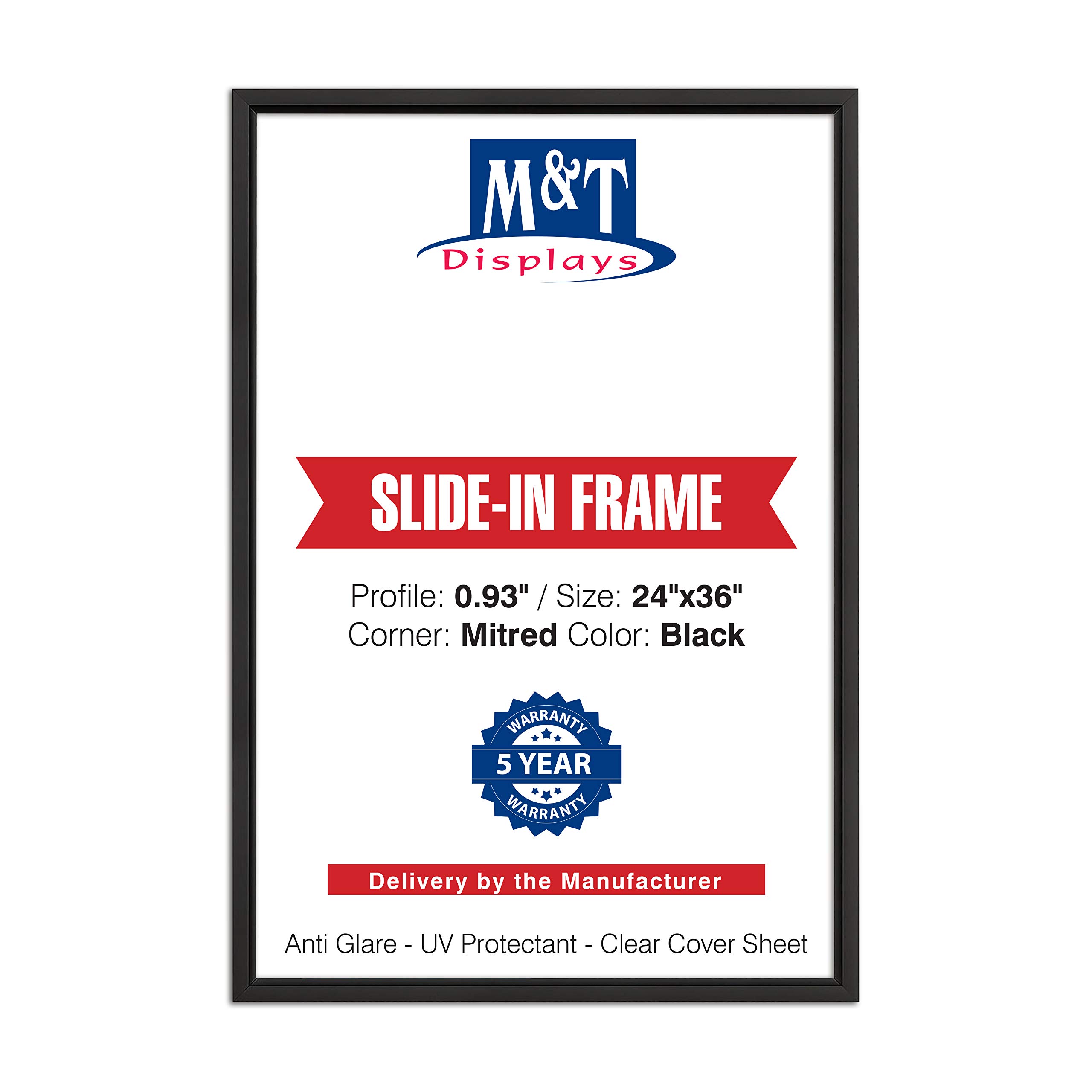 M&T Displays Black Slide In Frame with Mitred Corner 24x36 Poster Frame 0.93 inches Aluminum Profile Front Loading Wall Mounting Display for Picture, Document or Certificate