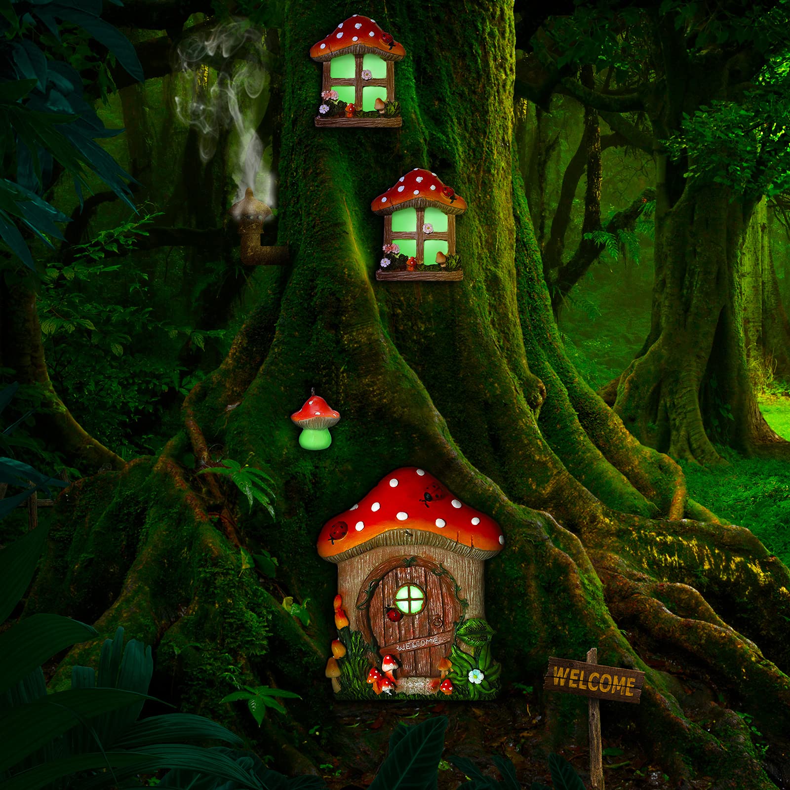 Syhood Miniatura Domestica Finestra e Porta con Lampada Lettiera Bagliore nel Buio Porta per Dormire delle Fate Finestra Cortile Scultura da Giardino per Decorazione Alberi Giardino (Stile Fungo)
