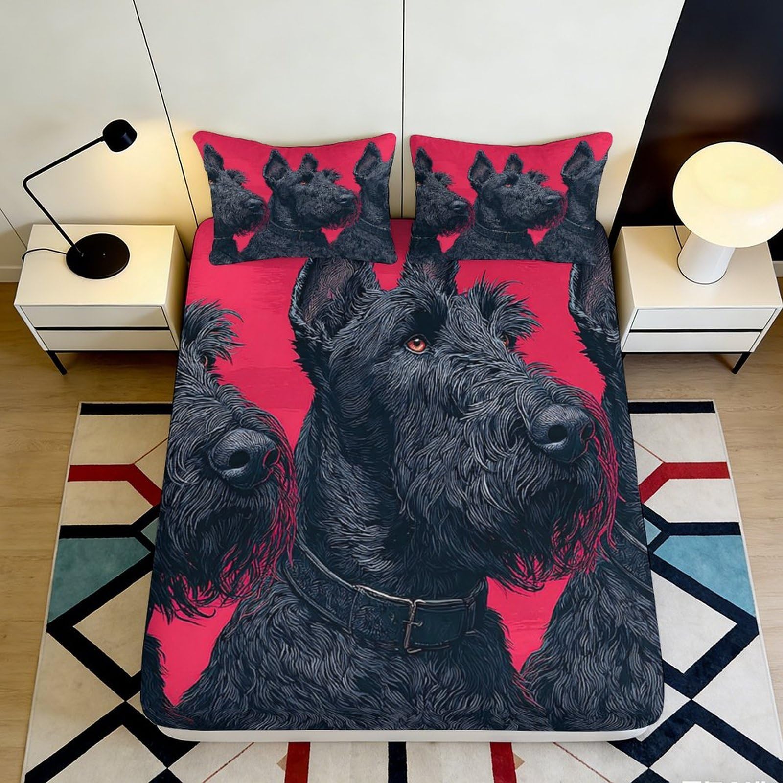 3D Printed Black Terrier Fitted Sheet Microfiber Deep Pocket Bedroom Bedding Black Terrier Mattress Fitted Cover Non-Slip Washable 140x200x25cm