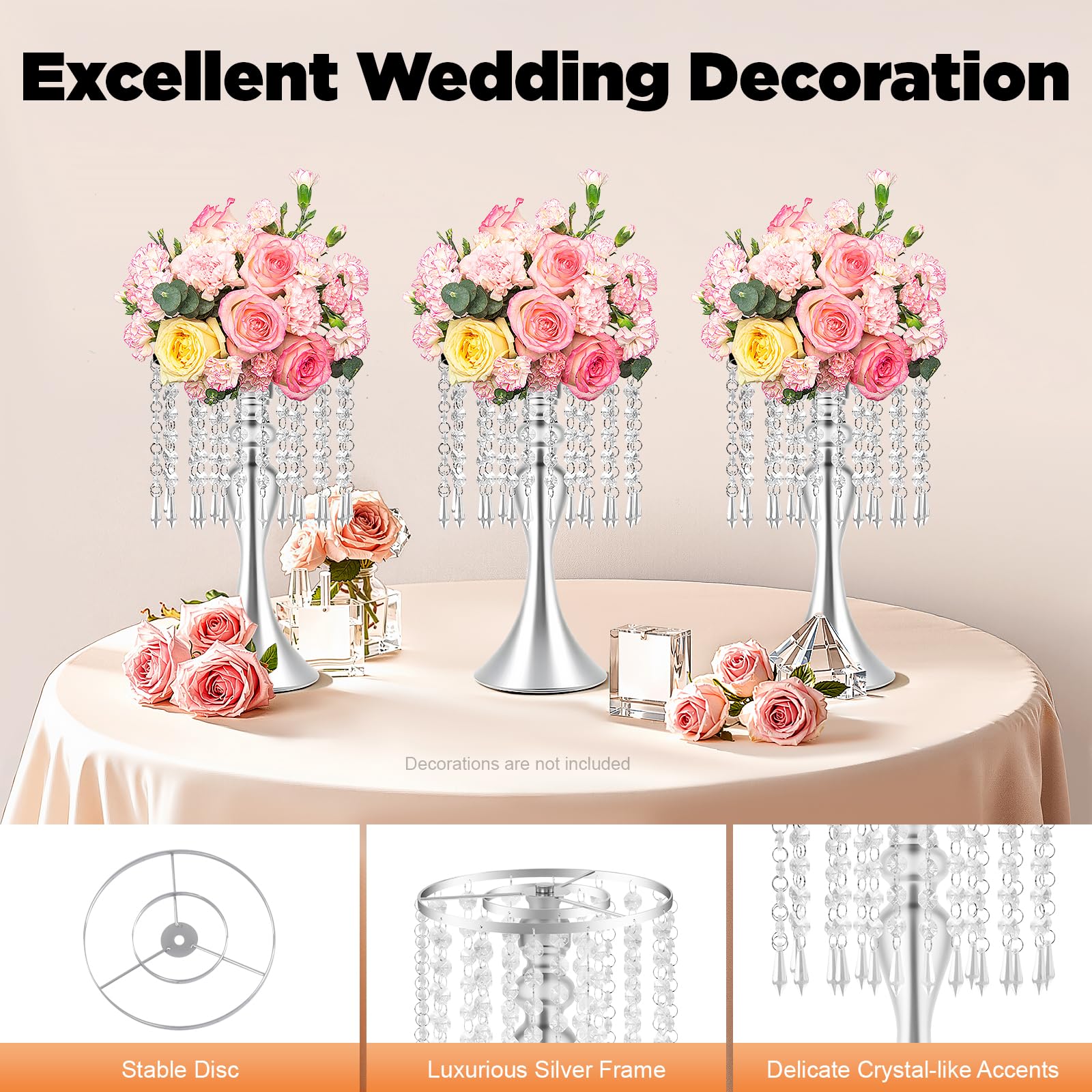 Set di 10 supporti per fiori da tavolo, altezza 35 cm, in cristallo, per cerimonie, ricevimenti e matrimoni, argento