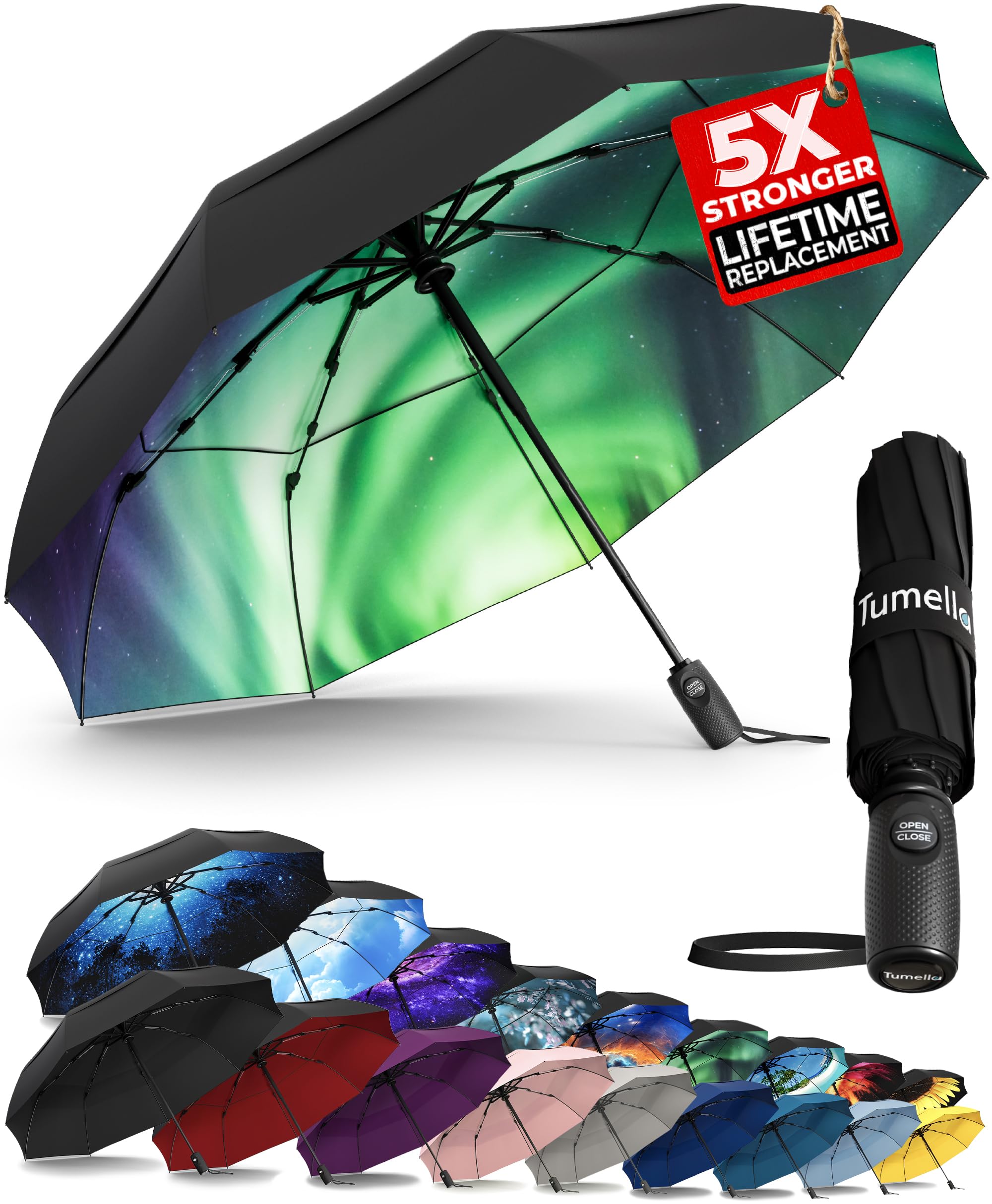TUMELLA Strongest Windproof Travel Umbrella (Compact, 100MPH Wind-Tested), Light, Portable, One-Handed Use, Automatic Folding Rain Umbrella, Durable, Premium Grip, Fits Car &amp; Backpack