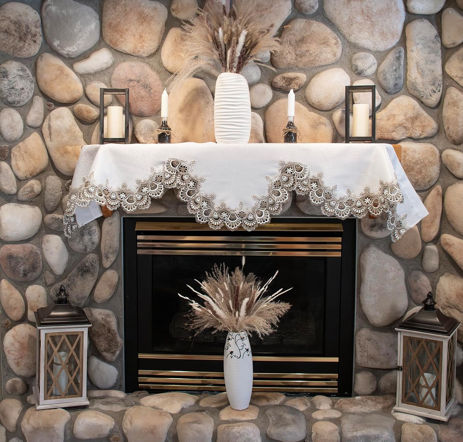 Linens, Art and Things Mantel Scarf Cocoa Earth Tone and White Jacquard (19" x 90")