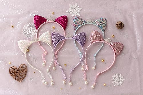 Miniatura 3 de Diadema con orejas de gato con lentejuelas para niña, con colgantes para cumpleaños, Halloween y fiestas