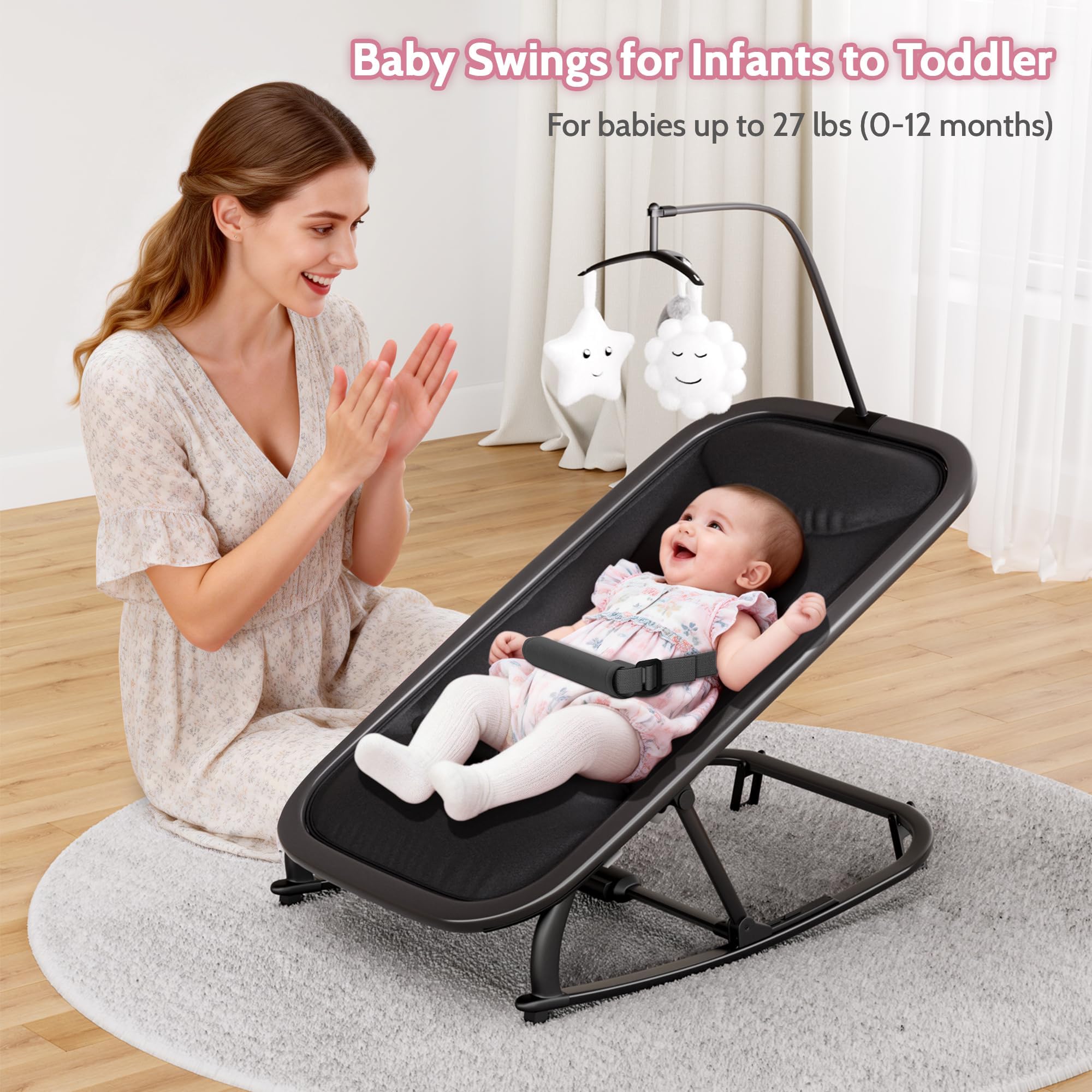 Garvee Silla Mecedora para Bebé 0-12 Meses - Hamaca Infantil Plegable con Respaldo 3 Posiciones, Barra de Juegos, Arnés 5 Puntos, Funda Desmontable, Estructura Aluminio Ligera - Negro