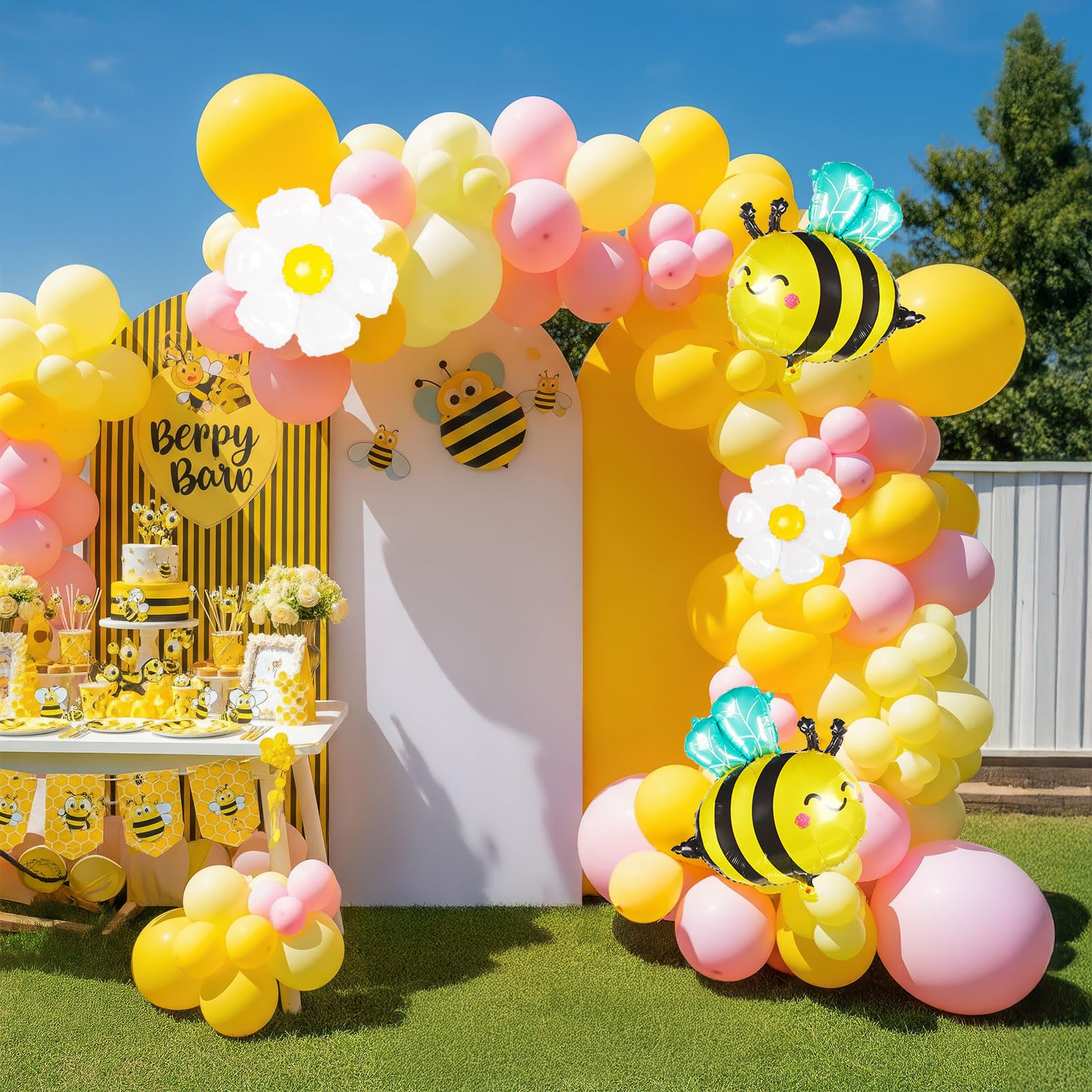 Spring Bee Balloons Garland Arch Kit Yellow white pastel pink green balloons with bee daisy balloonsfor What Will it Bee Gender Reveal Baby Shower
