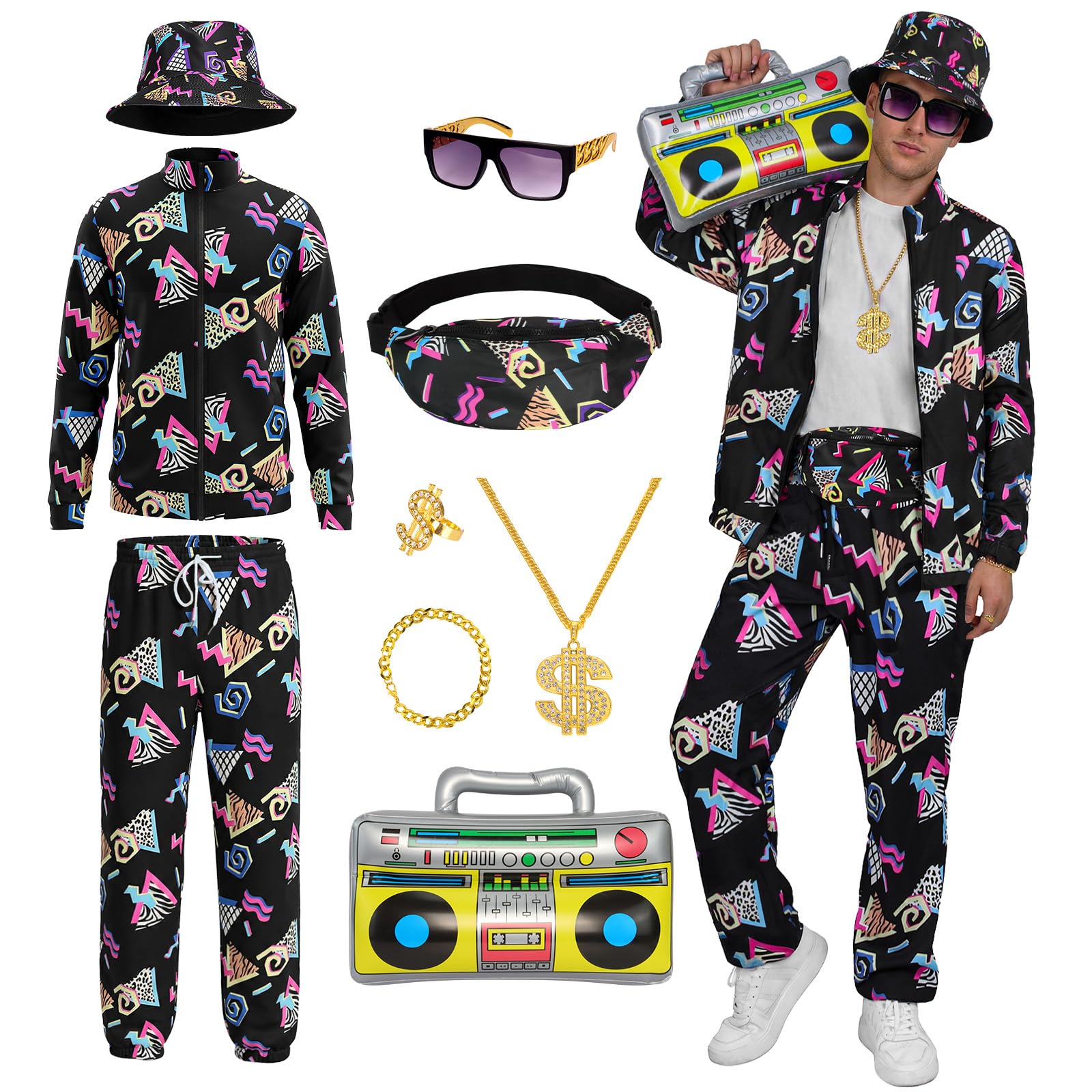 80s Outfit for Men Track Suits - 80s 90s Theme Party Costume Funny Halloween Hip-Hop Vintage Athletic Sportswear