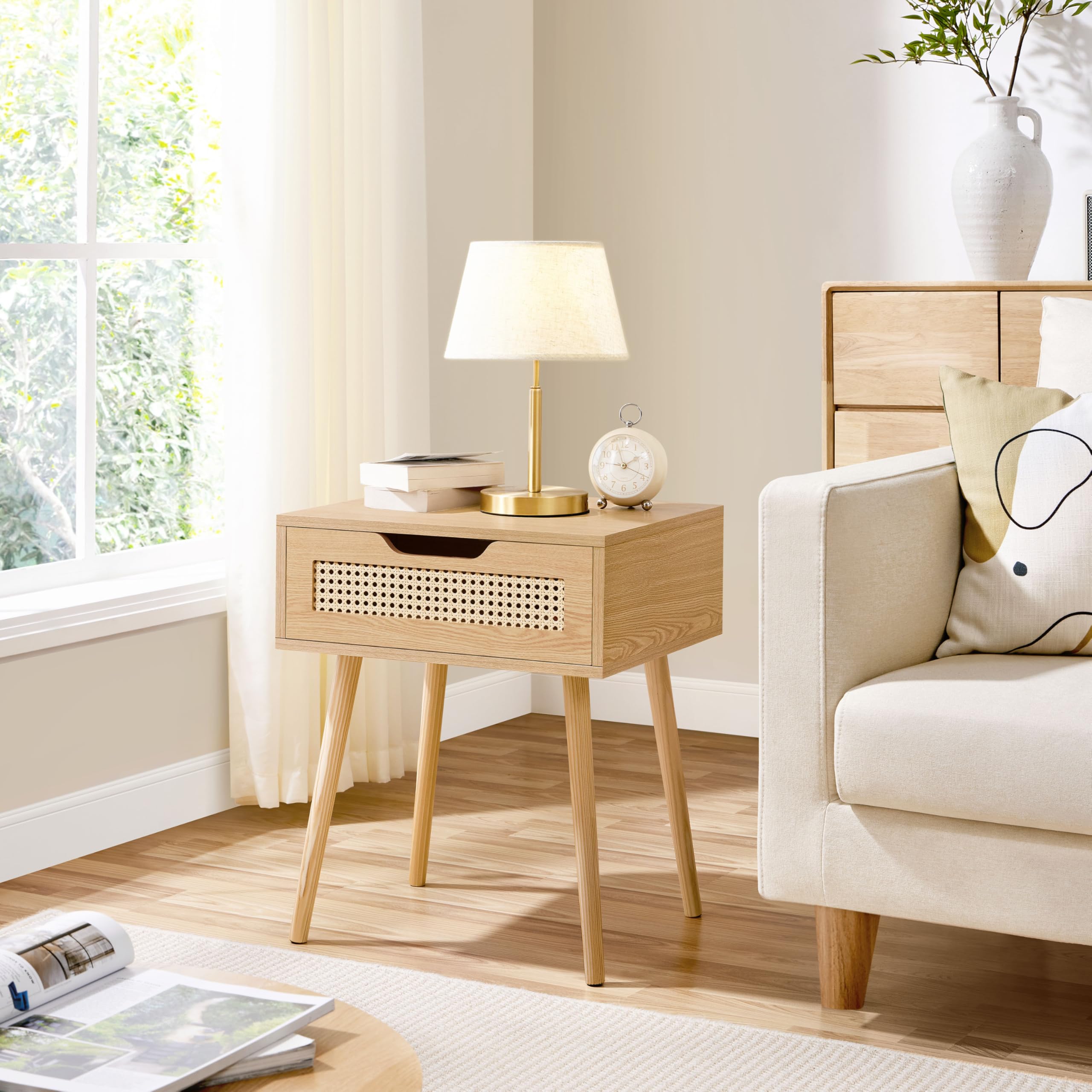 Yaheetech Nachttisch 2er Set mit Schublade Beistelltisch Rattan Nachtkommode Holzbeine Nachtschrank Sofatisch Boxspringbett Nachtkommode 48,5 cm L × 41 cm B × 57,5 cm H, Hellbraun