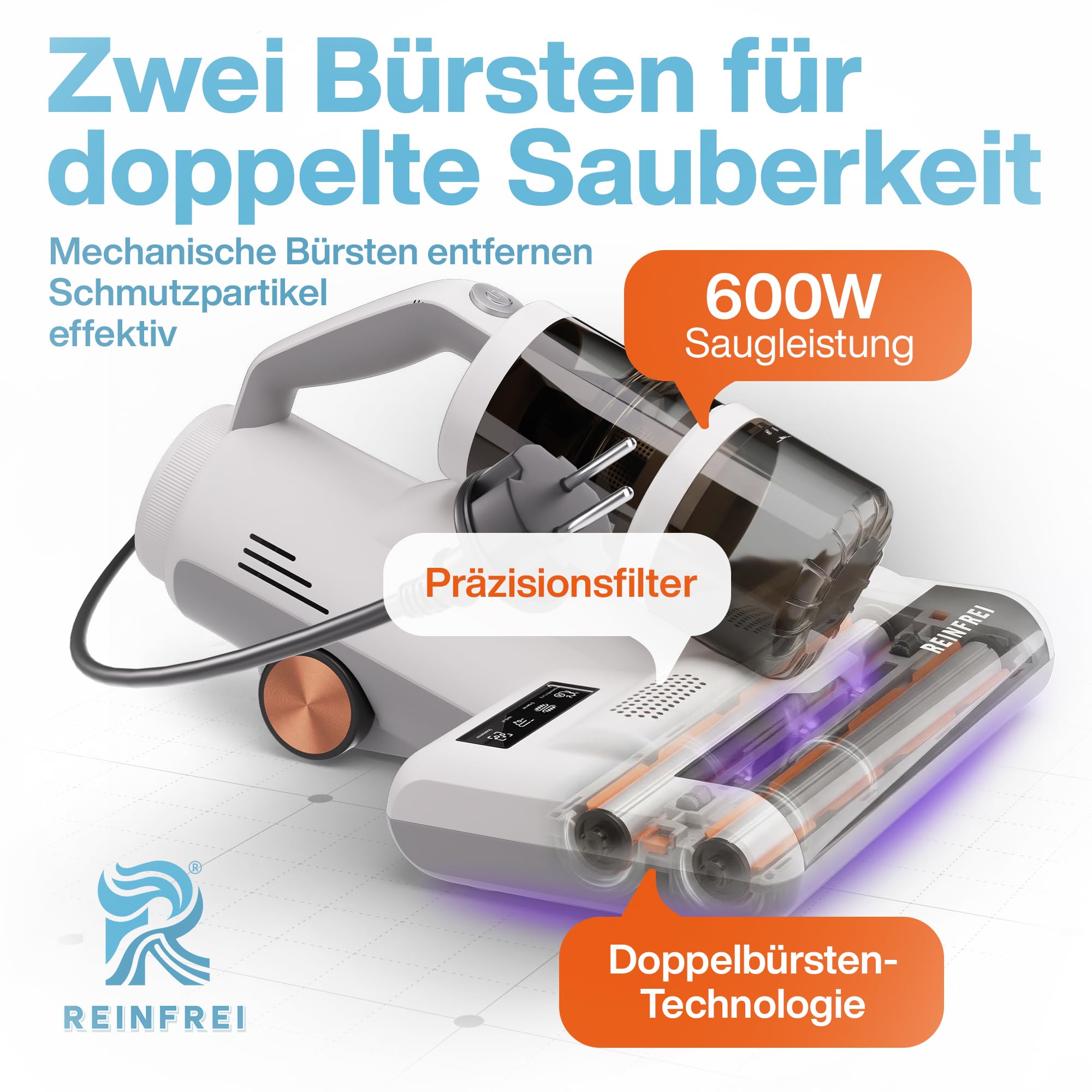 Milbensauger für Matratzen – 600W Matratzensauger gegen Hausstaubmilben – Matratzensauger Milben mit Heißluft, Ultraschall & Vibration – Bett Staubsauger mit Zwei Bürsten & 5m Kabel