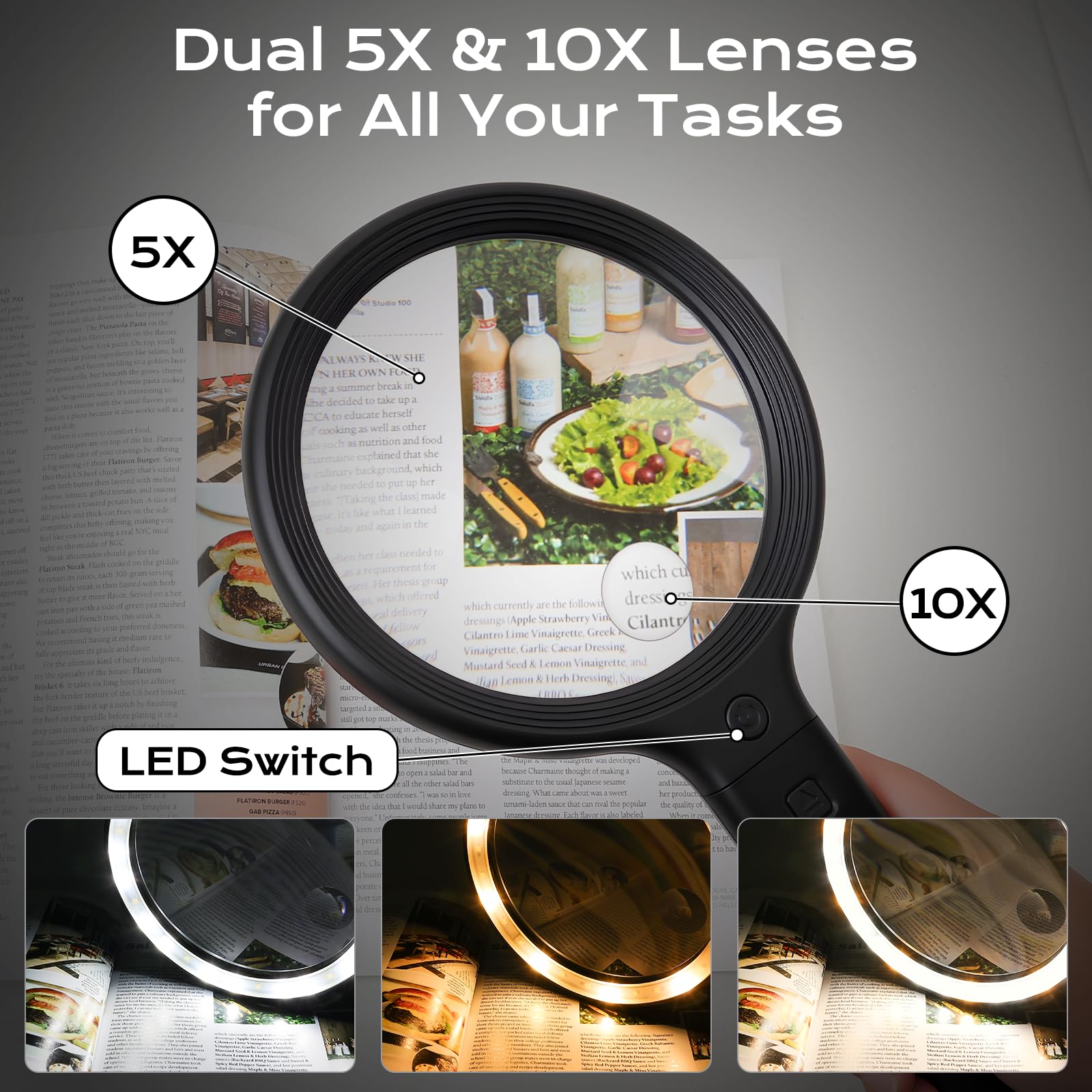 Handfreie und handliche 10X/5X Lupe, wiederaufladbar, 30 LED mit 3 Lichtmodi für Senioren mit schwacher Sicht, Lesen, Basteln (schwarz)