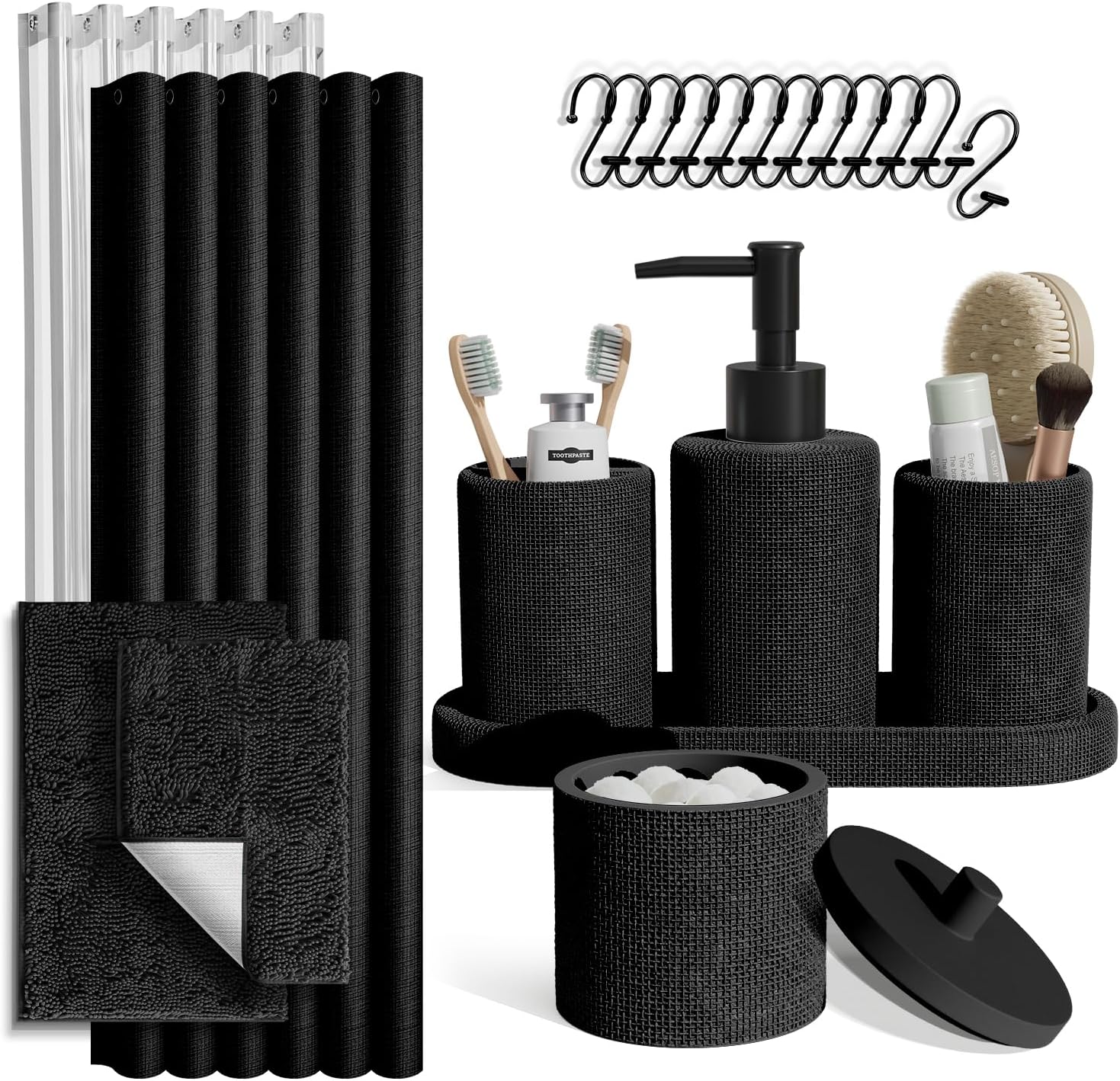 Clara Clark Black Bathroom Set - Bathroom Sets with Shower Curtain and Rugs, 21PC Bathroom Accessory Set, Shower Curtain Set with Soap Dispenser & Toothbrush Holder