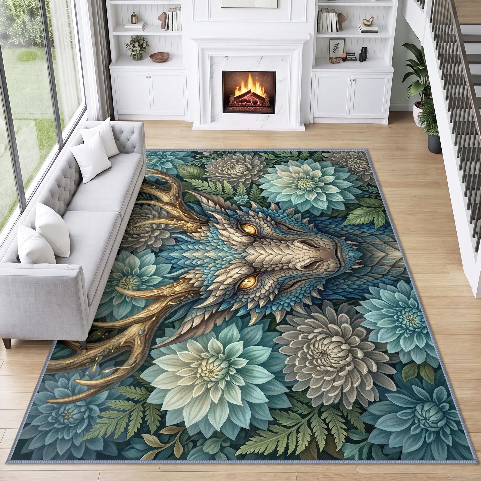 Générique Lavable en Machine Tapis Salon 140x200 cm, Dragon Floral Antidérapant à Poil Ras Tapis, Moderne Fantaisie Décoration Écologique pour Salle à Manger Couloir Chambre Bureau
