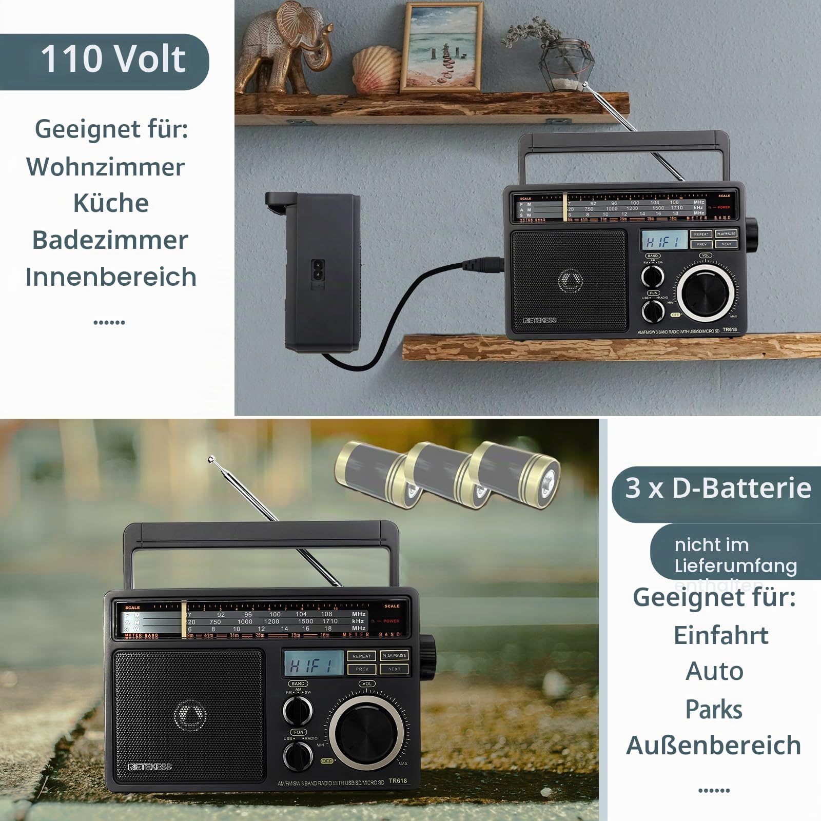 Retekess TR618 Radio Batteriebetrieben, Tragbares Radio, AM FM SW, USB SD TF, 3,5-mm-Kopfhörerbuchse, Kofferradio für Senioren, Küche