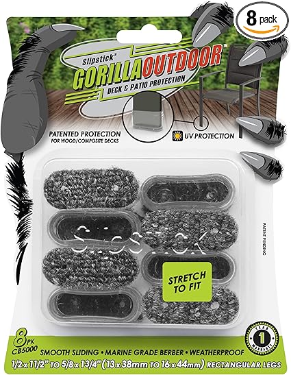 Slipstick GorillaOutdoor Berber Furniture Feet Pads with Clear Sleeve Sock (8 Pack) Weatherproof Outdoor Furniture Sliders for Medium Rectangular Legs