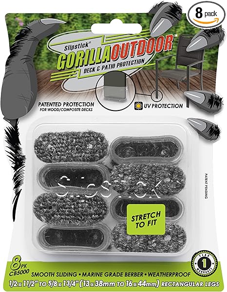 Slipstick GorillaOutdoor Berber Furniture Feet Pads with Clear Sleeve Sock (8 Pack) Weatherproof Outdoor Furniture Sliders for Medium Rectangular Legs