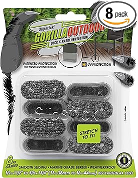 Slipstick GorillaOutdoor Berber Furniture Feet Pads with Clear Sleeve Sock (8 Pack) Weatherproof Outdoor Furniture Sliders for Medium Rectangular Legs