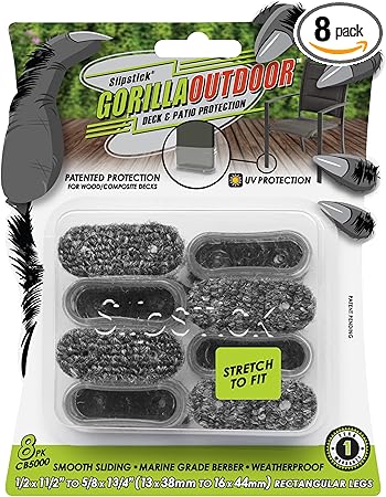 Slipstick GorillaOutdoor Berber Furniture Feet Pads with Clear Sleeve Sock (8 Pack) Weatherproof Outdoor Furniture Sliders for Medium Rectangular Legs