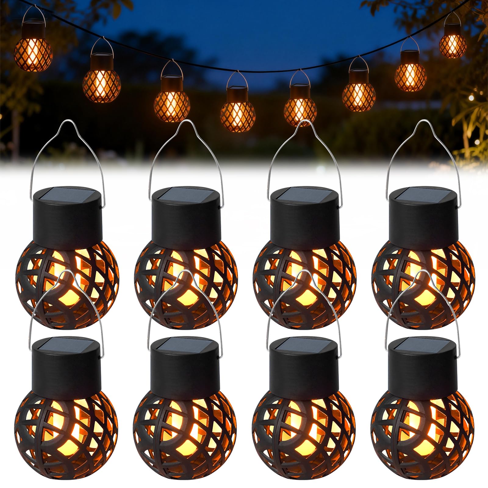 8 Pezzi Lampada Solare a Sospensione per Esterno, Lampade Solari per Esterno a Sospensione, Luce Solare a Fiamma, Luci Solari per Giardino Impermeabili Ip65 per Esterno, Decorazione da Giardino