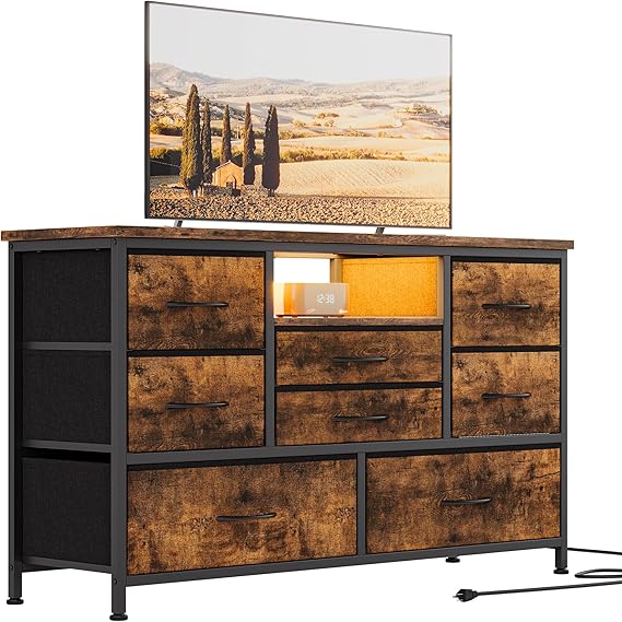 Jojoka 8-Drawer LED Dresser TV Stand with Power Outlet for 55'' TV - Wide Storage Chest for Bedroom, Living Room & Entryway, Wood Top Console Table with 22 Light Modes