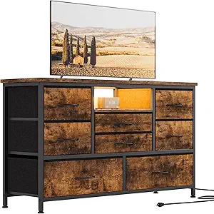 Jojoka 8-Drawer LED Dresser TV Stand with Power Outlet for 55'' TV - Wide Storage Chest for Bedroom, Living Room & Entryway, Wood Top Console Table with 22 Light Modes