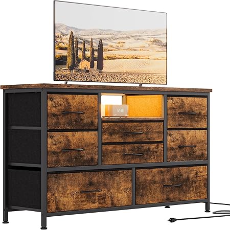 Jojoka 8-Drawer LED Dresser TV Stand with Power Outlet for 55'' TV - Wide Storage Chest for Bedroom, Living Room & Entryway, Wood Top Console Table with 22 Light Modes