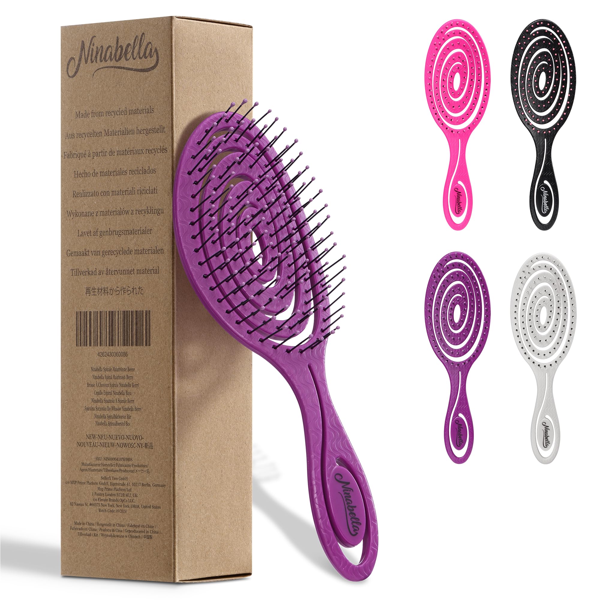 Ninabella Spiral Hairbrush - Detangle Hair Brush - Wetbrush for Brushing Wet or Blow Dry Hair - Detangler Brush - Hairbrushes for Travel - Berry