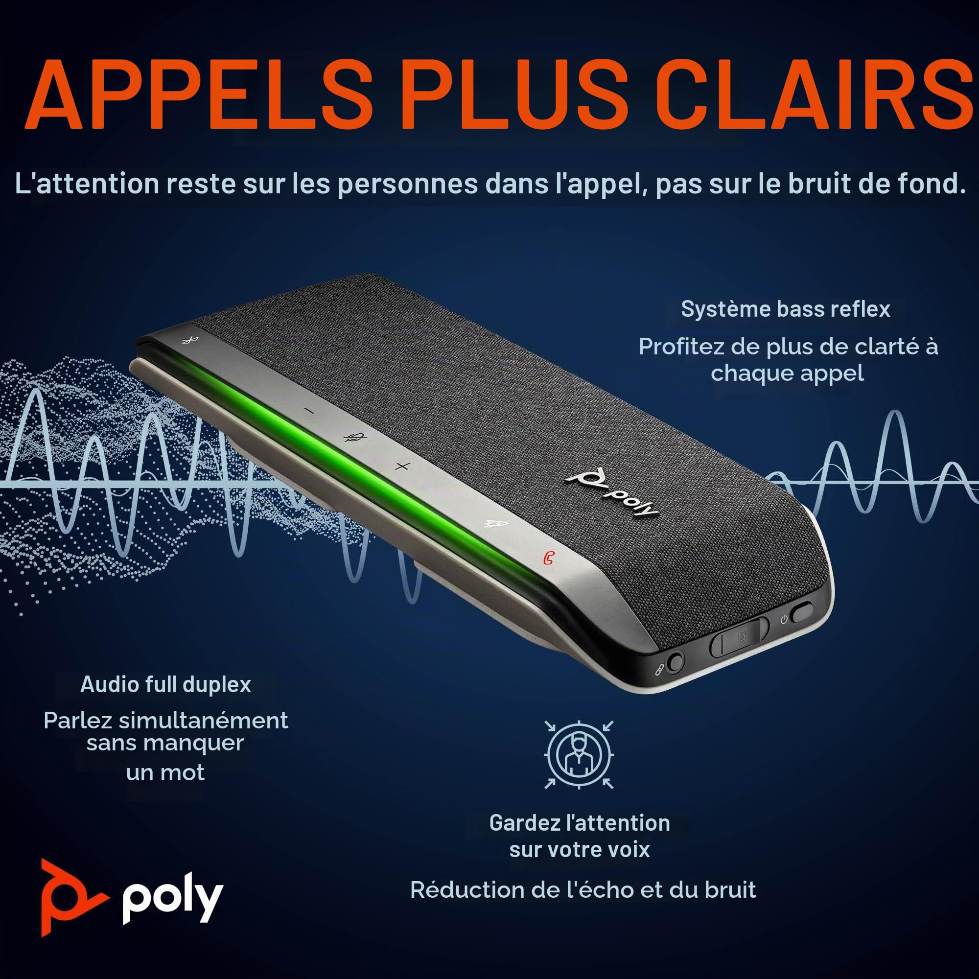 Haut-parleur intelligent Poly Sync 40+ - Espaces de travail flexibles - Connexion à un PC/Mac via adaptateur BT600 et via Bluetooth pour les smartphones - Fonctionne avec Teams, Zoom