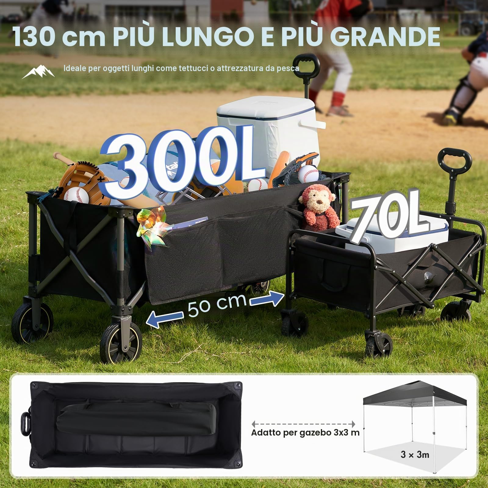 Portal Carrello pieghevole XXXL, 400 l, 160 kg, portata grande, con porta bevande, borsa laterale, carrello pieghevole, per giardino, campeggio, festival, blu
