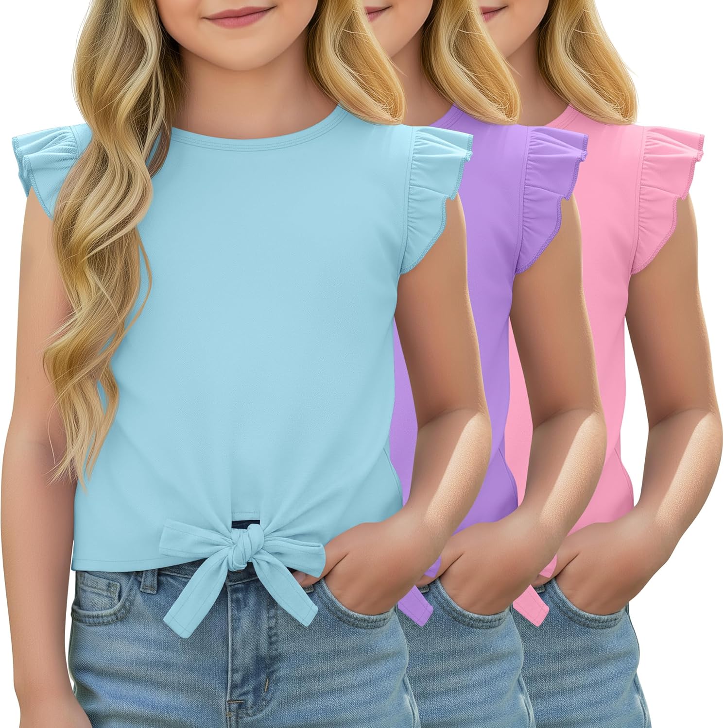 3 Pack Girls' Short Ruffle Sleeve Shirts Tie Knot Front Summer Tops Kids Flutter Crewneck Casual Tee 5-14 Years