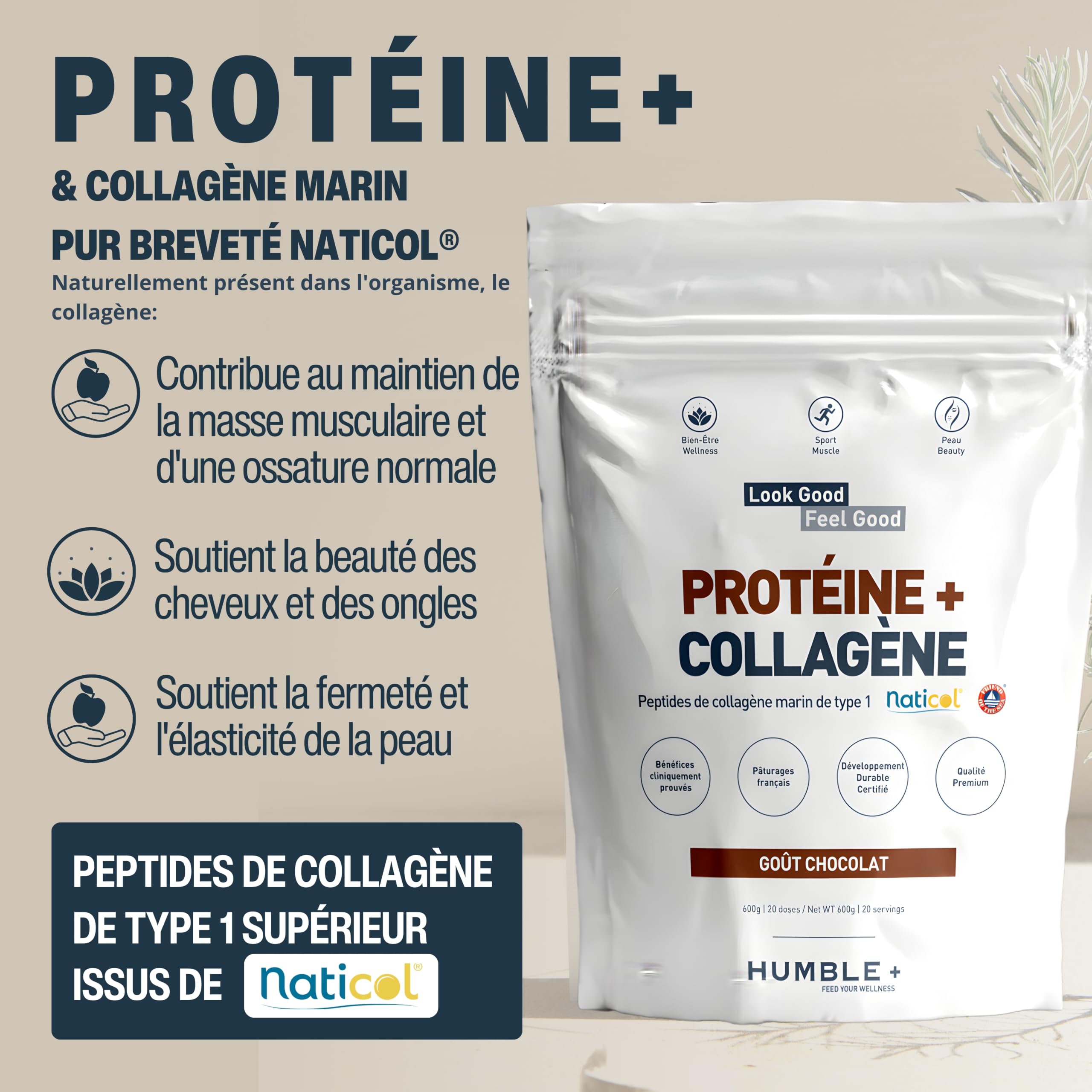 Protéine + Collagène marin Naticol® en poudre, paquet de 600 g - Saveur chocolat - Confort articulaire et récupération musculaire - 20 portions à 30g/jourP