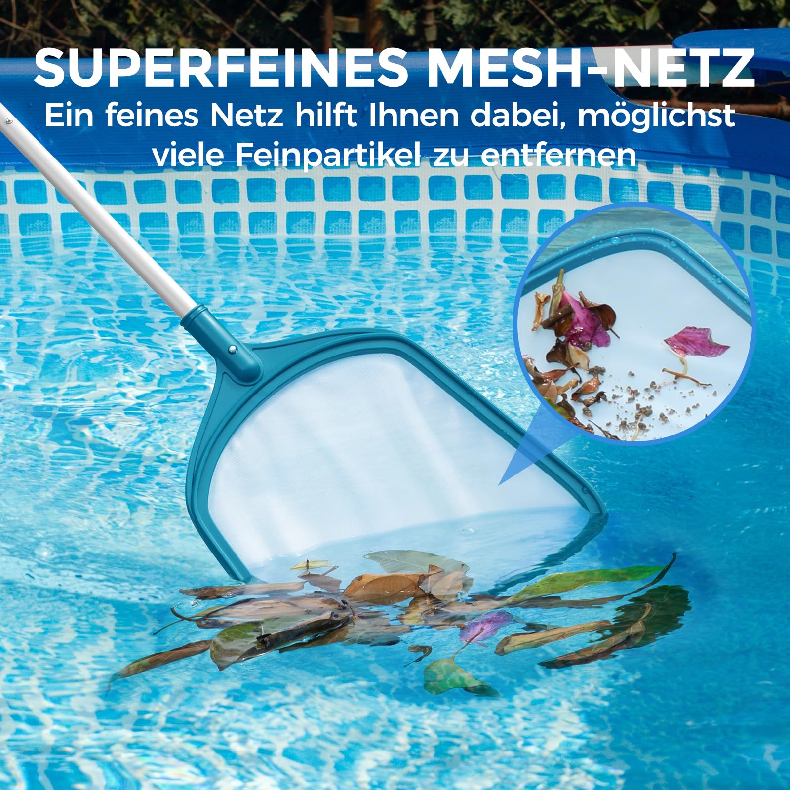 Movend Redes para Piscina, Redes para Skimmer para Piscinas, Malla Fina con Poste de Aluminio Estable de 1,15 m, Red de Aterrizaje en Superficie con Poste de 4 Piezas para Piscina, Algas y Estanques