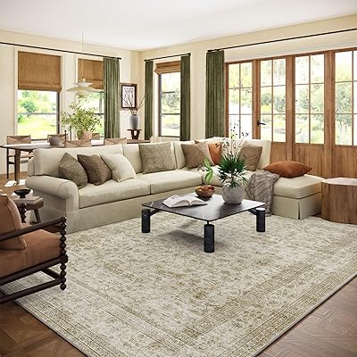 Area Rugs 9x12 Living Room: Washable Rugs for Bedroom Stain Resistant Non Slip Distressed Vintage Large Boho Rug Low Pile Faux Wool Soft Carpets for Living Room Dining Room Farmhouse Playroom
