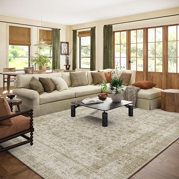 Area Rugs 9x12 Living Room: Washable Rugs for Bedroom Stain Resistant Non Slip Distressed Vintage Large Boho Rug Low Pile Faux Wool Soft Carpets for Living Room Dining Room Farmhouse Playroom