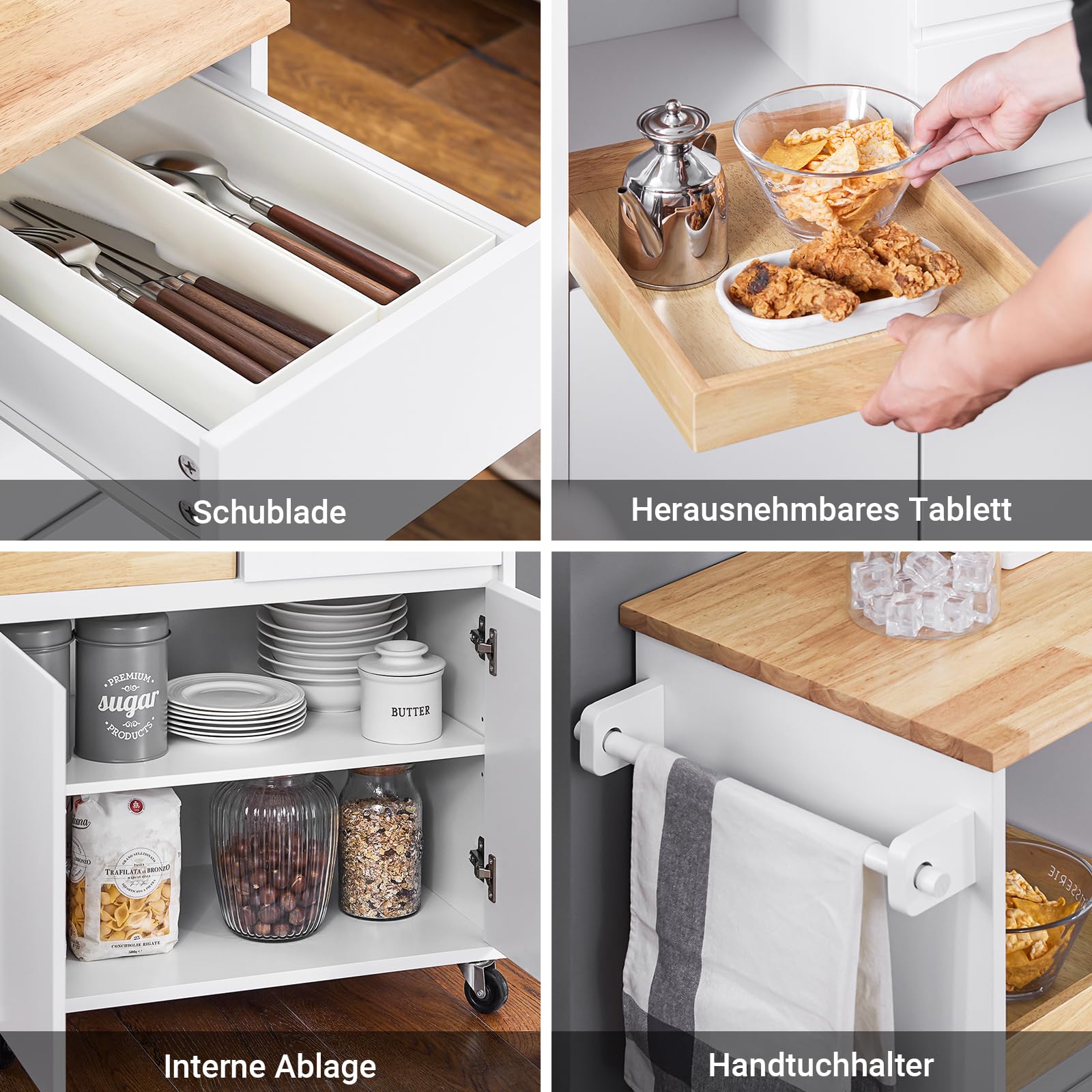 SoBuy Küchenwagen mit Arbeitsplatte Servierwagen mit Rollen Rollwagen Küche Kücheninsel Kücheninsel Küchenschrank Für Küche, Wohnzimmer, Esszimmer Weiß BHT ca. 72x84x40cm FKW123-WN