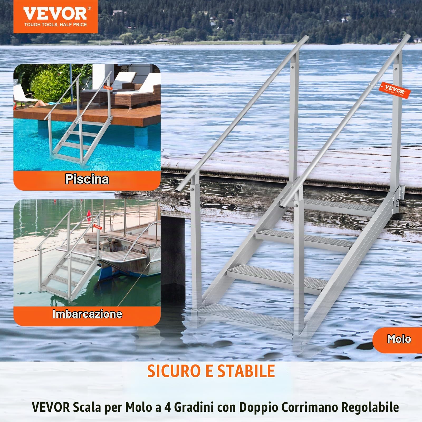 VEVOR Scaletta per Pontile Altezza Regolabile 75-96 cm, Scaletta per Pontone Barca 4 Gradini Lega di Alluminio Portata Circa 226 kg con Corrimano Scaletta Antiscivolo Scala per Imbarco Barca Piscina