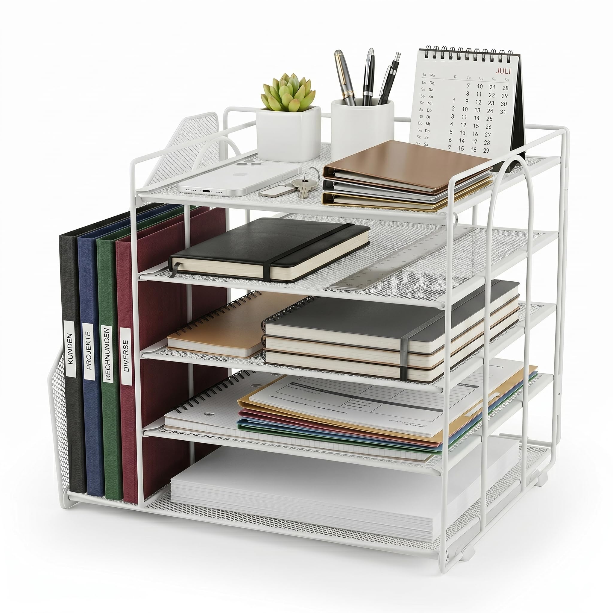 Organizzatore da scrivania a 5 livelli con cassetto – Portariviste verticale per documenti A4 e portariviste per home office e ufficio, bianco