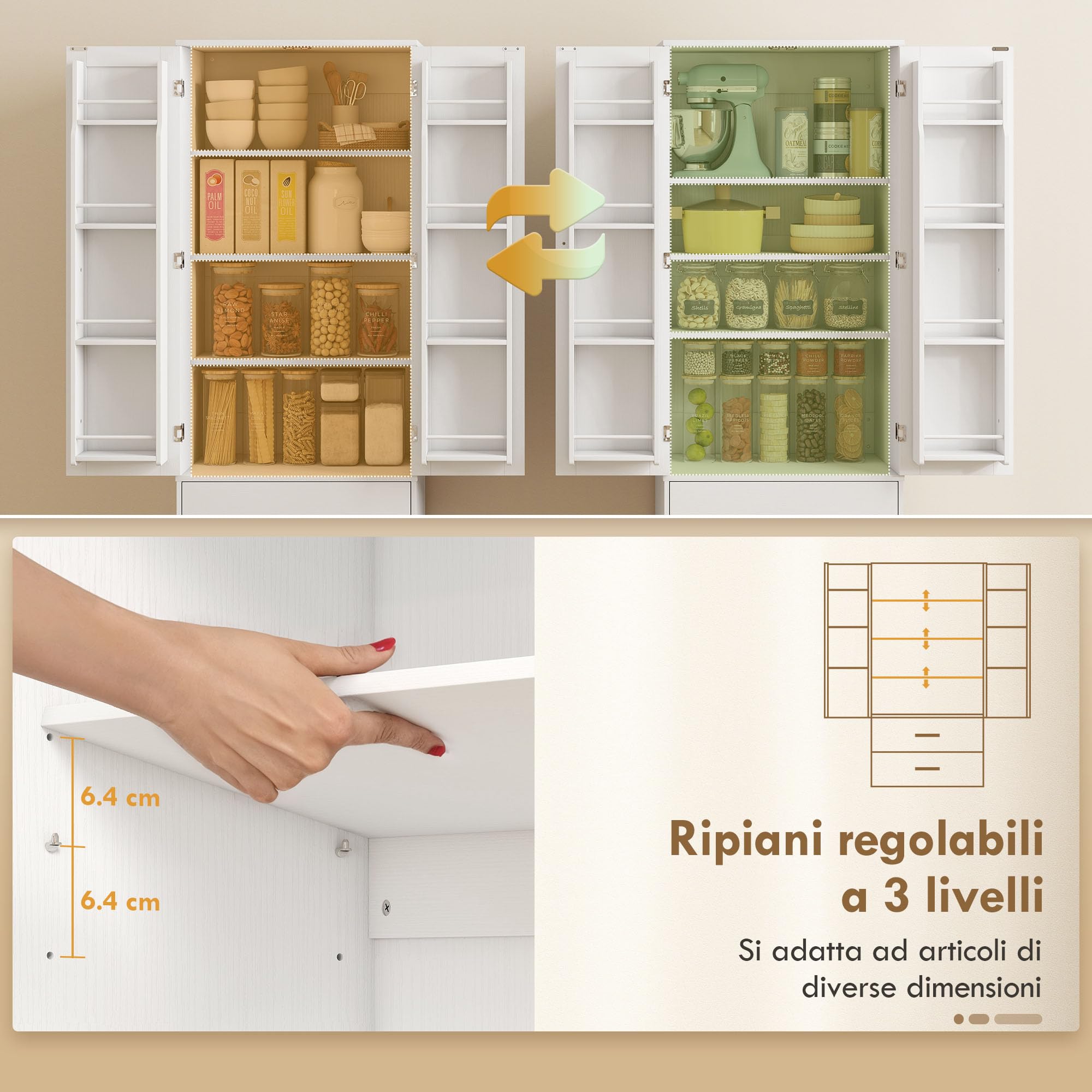 HOMCOM Credenza Cucina Alta 159 cm, Mobile Cucina con 8 Portaspezie sulla Porta, 2 Ante e 2 Cassetti, Mobile Dispensa Moderno con Ripiani Regolabili, per Sala da Pranzo, Soggiorno, Bianco