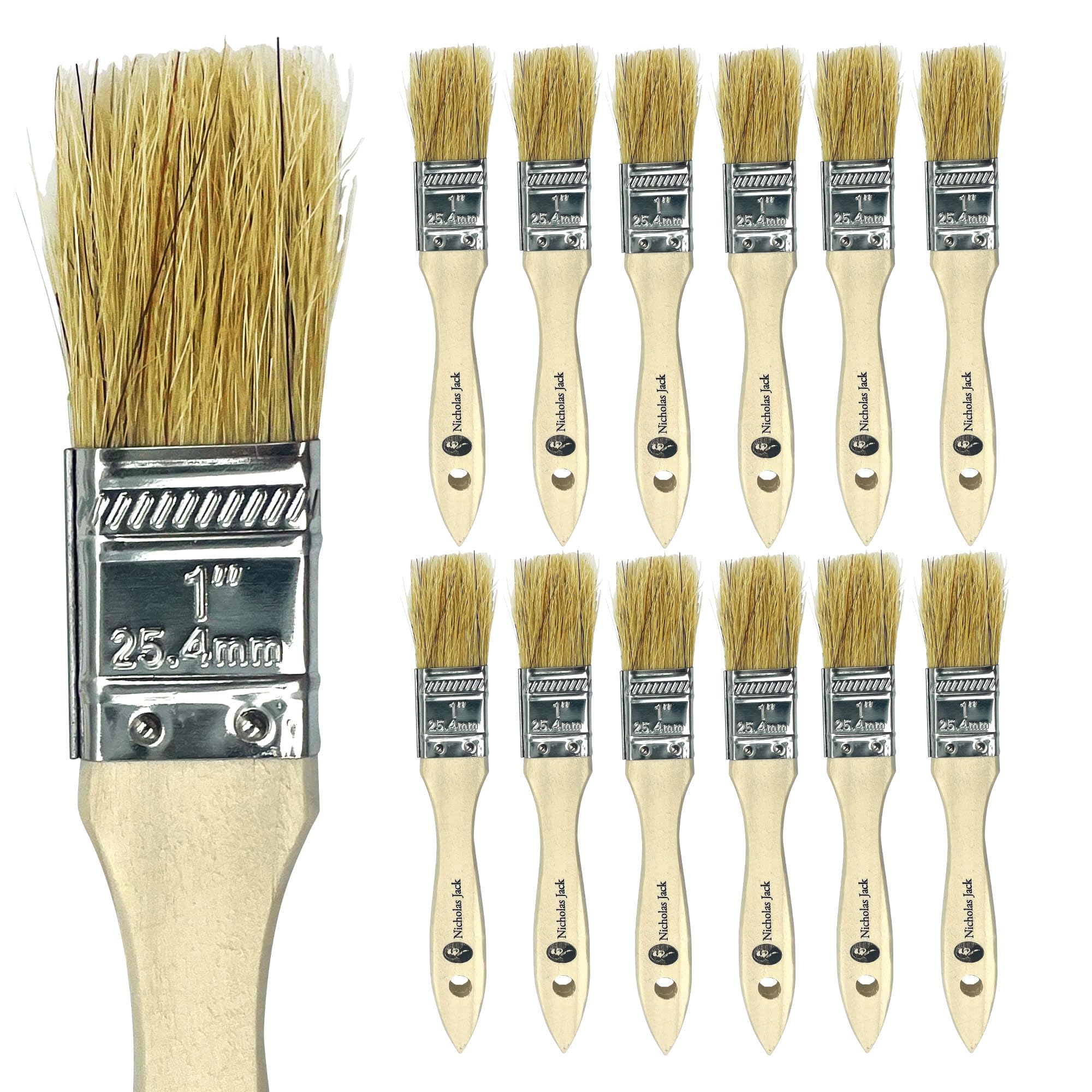 12 Pack 1 Inch Paint Brushes with Natural Bristle Brush - Cost Effective Cheap and Disposable Wooden Paint Brush Ideal for Laminating, Home DIY, Stains, and Varnishes