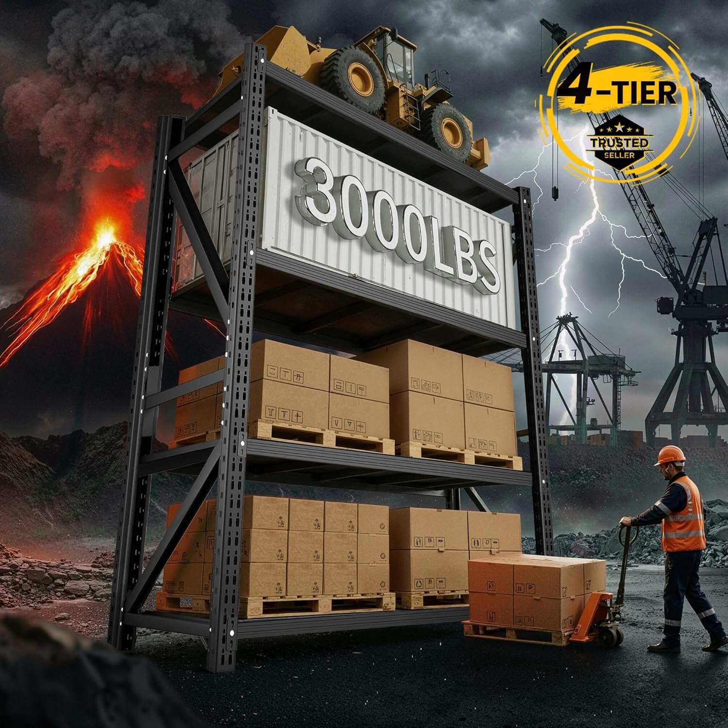 Heavy Duty Garage Shelving, 36" W x 16" D x 71" H, 3000 LBS Capacity, 4-Tier Adjustable Metal Storage Shelves, Reinforced Steel Storage Rack for Garage, Basement, Utility Room