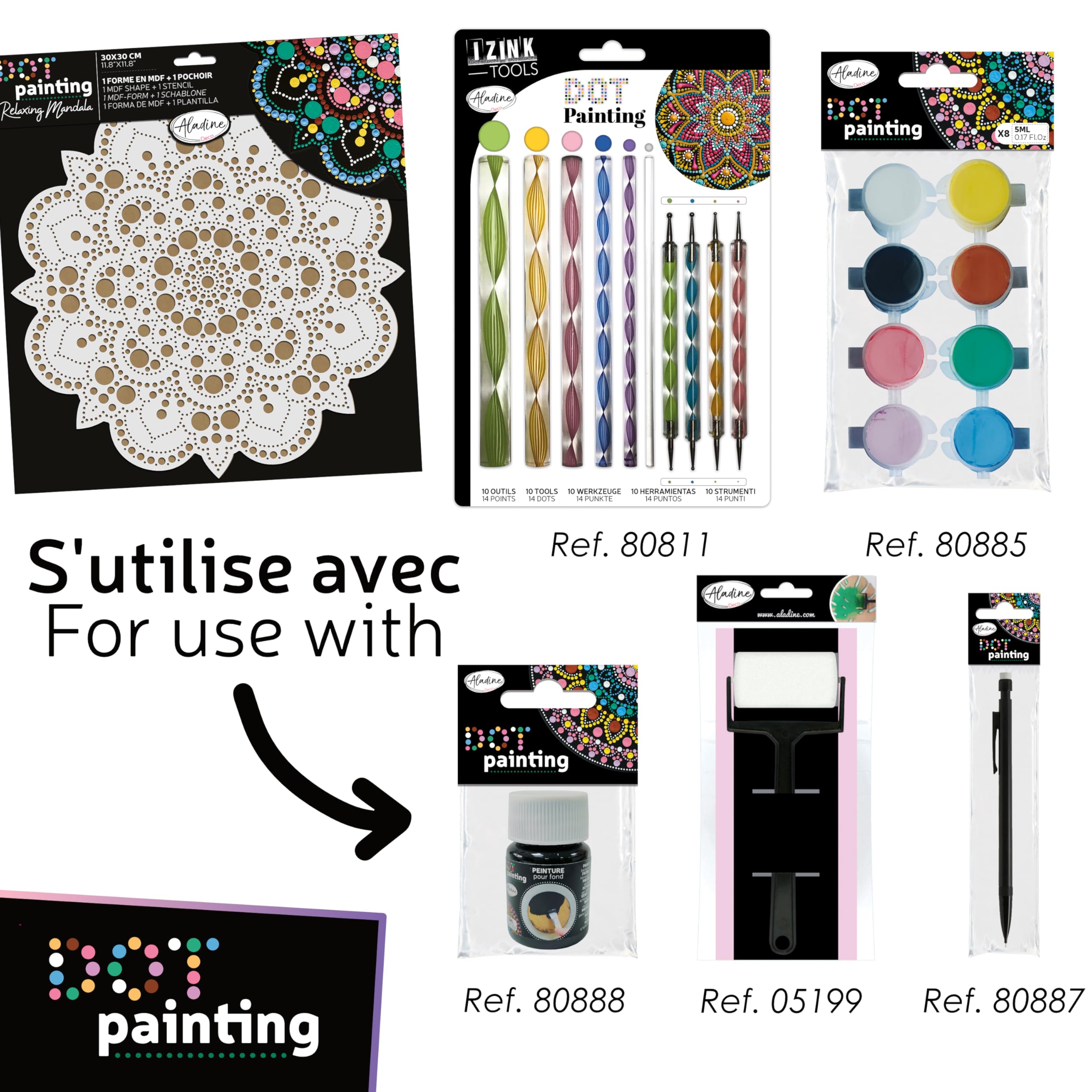 Aladine 85505 - Kit de plantilla y soporte Mandala de 30 cm para crear Mandalas de punto Painting – Pintura sobre guijarro, madera, tejidos, lienzos – Dotting Paint Points – Ocio creativo