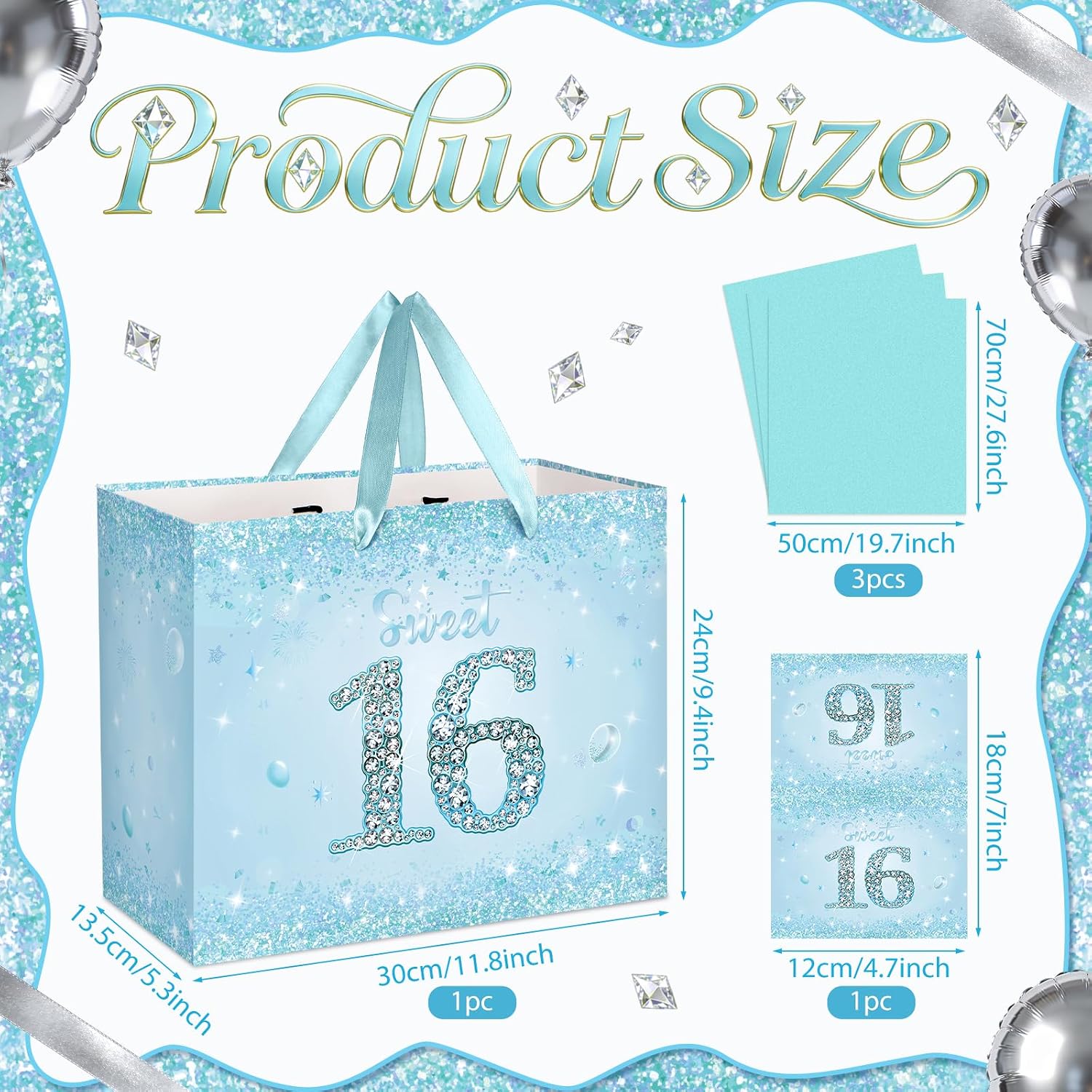 TagreSpike Sweet 16th Birthday Gift Bag for Girls, Light Blue 16th Birthday Party Decorations Large Sweet 16 Gift Bag with Card and Wrapping Paper Happy 16 Year Old Bday Party Supplies