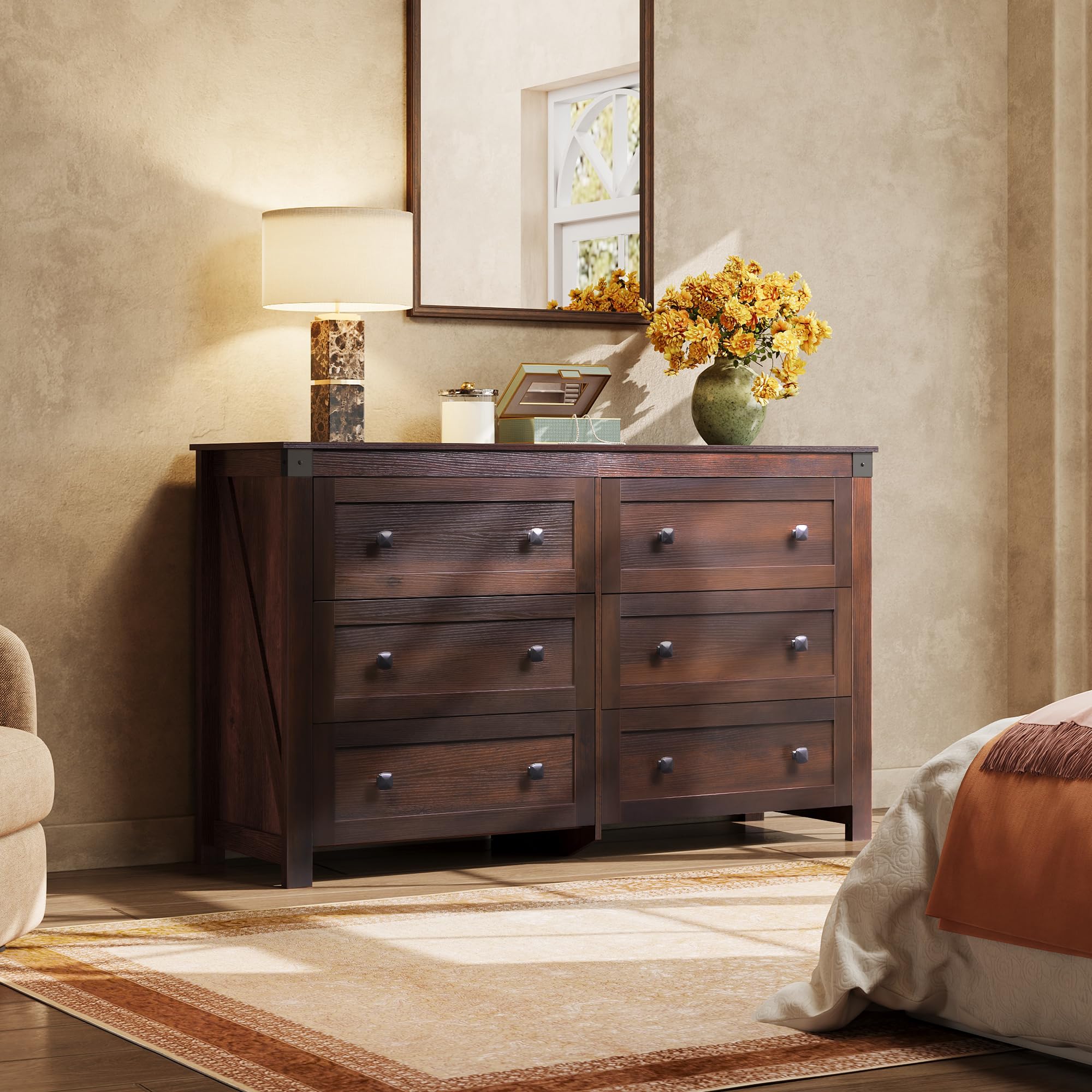 Amazon.com: WLIVE Farmhouse 6 Drawer Dresser for Bedroom, 53.07'' Wide Wood  Dresser, Storage Organizer with Double Rustic Handle, TV Stand for 60 inch  TV, Chest of Drawers for Living Room, Hallway, Brown :