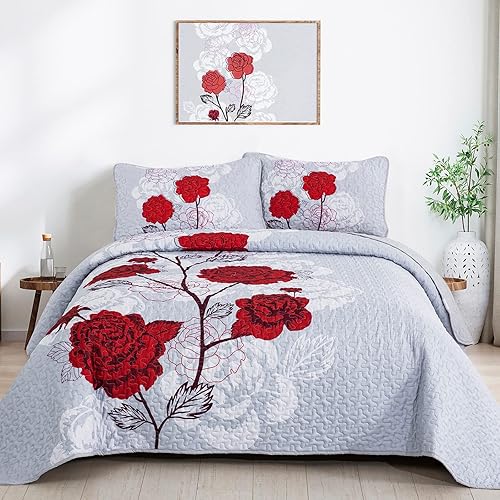 Juego de edredón floral rojo tamaño Queen juego de ropa de cama de 3 piezas suave rojo tamaño Queen para todas las estaciones 90 x 90 pulgadas