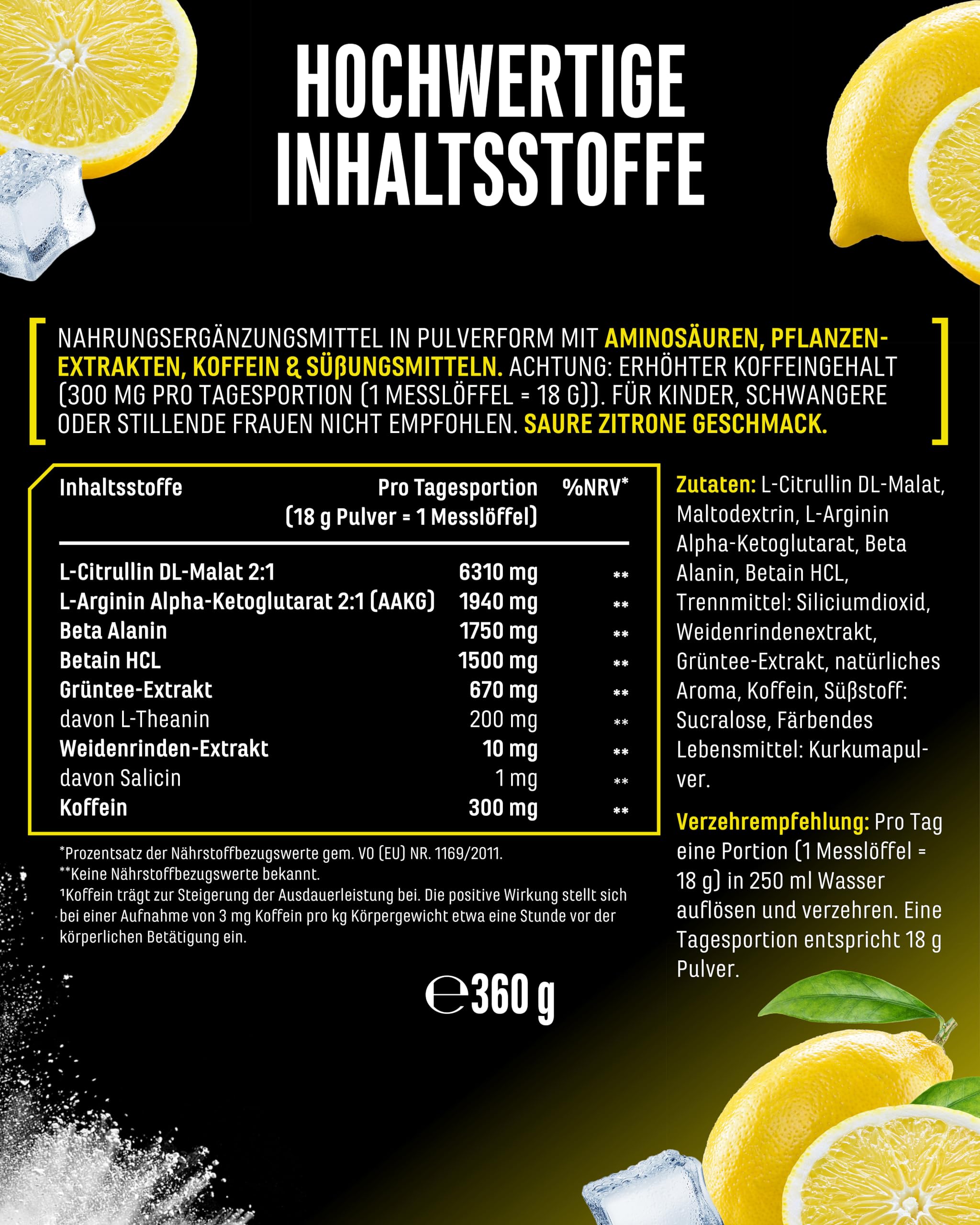 GEN GERMAN ELITE NUTRITION LIMITBREAKER® Pre Workout Booster - 360 g | 300 mg Koffein, mit L-Citrullin, AAKG, Beta Alanin & L-Theanin, hochdisiert, 20 Portionen, Saurer Zitronen Geschmack
