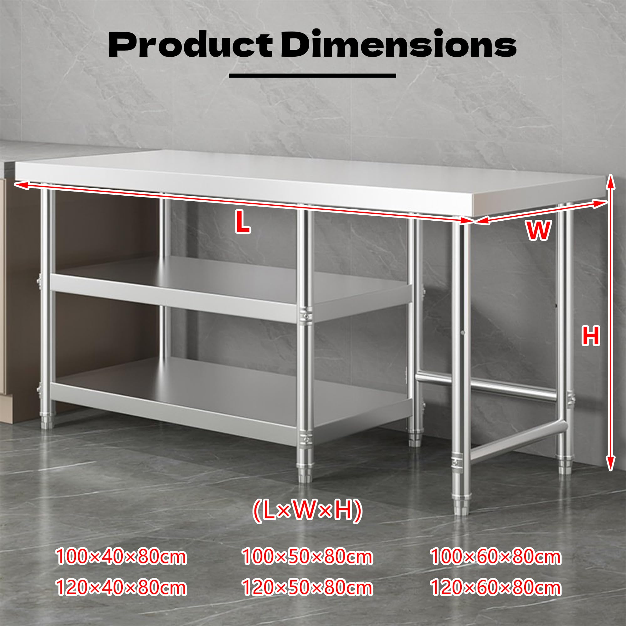 Tavolo da Lavoro in Acciaio Inox, 3 Ripiani Tavolo da Preparazione Commerciale, Banco da Cucina Acciaio, Scaffali Acciaio Inox per Ristorante, Cucina, Garage, Magazzino,100x40x80cm
