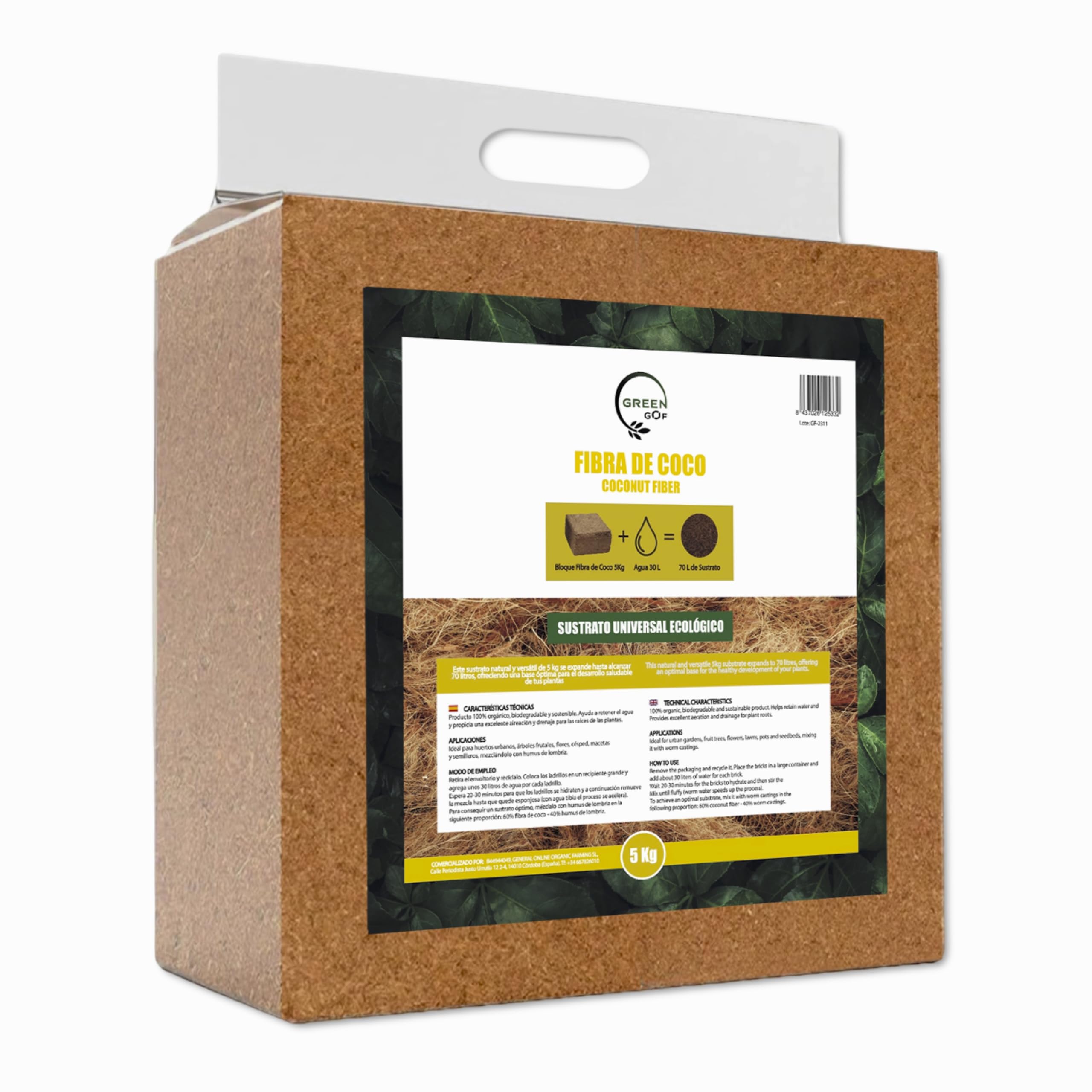 GREEN GOF Fibra de Coco Orgánica Bloque 5Kg (70L) - Ladrillo compactado. Sustrato de Origen 100% Natural. Recomendado para Huertos urbanos, Terrarios, Todo Tipo de Plantas y Vermicomposteras.