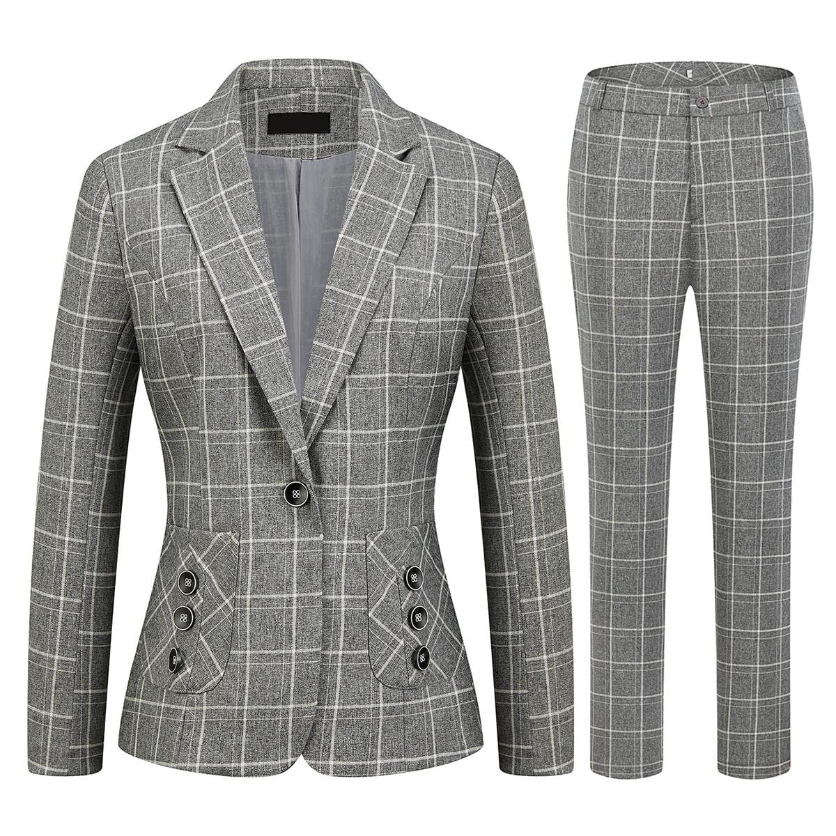 MODFUL Womens 2 Piece Business Plaid Suit Set Office One Button Slim Fit Blazer with Pant