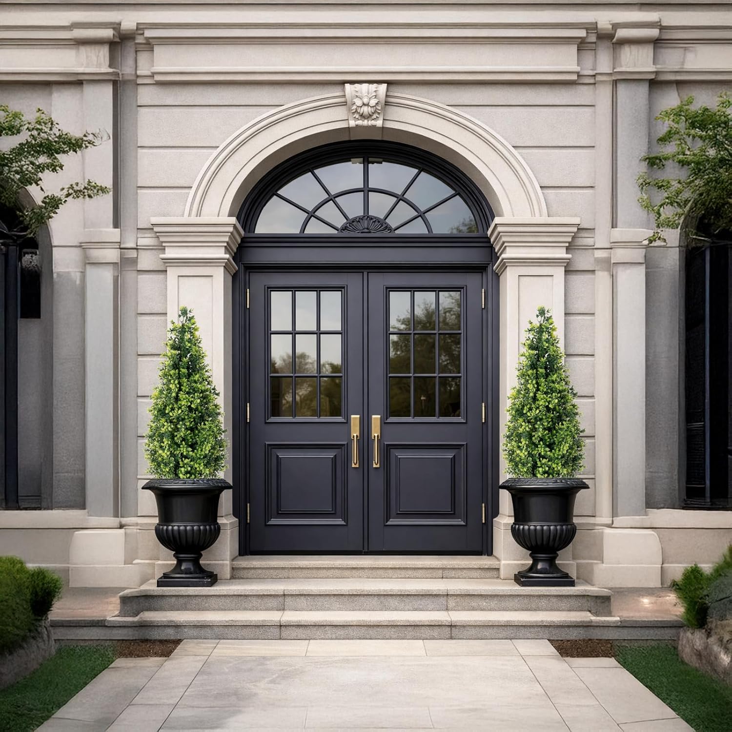 2 Pack Artificial Boxwood Topiary Trees with Ground Spike, 3FT UV Resistant Fake Shrubs Plants, Fake Evergreen Artificial Plant Brush for Indoor Outdoor Front Porch Garden