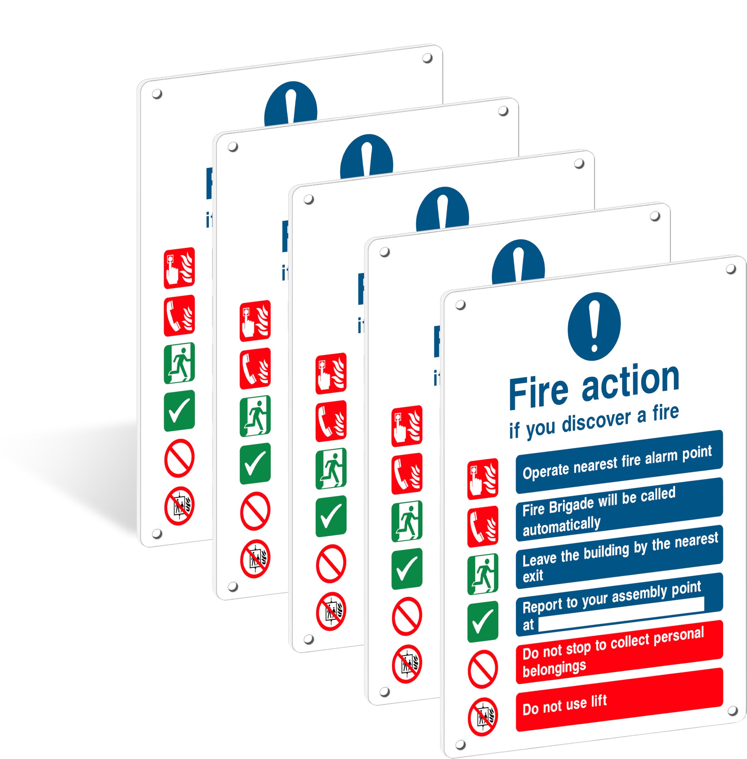 PrintR Fire Action Sign, 150 x 200 mm, Rigid Plastic, 5 Pack