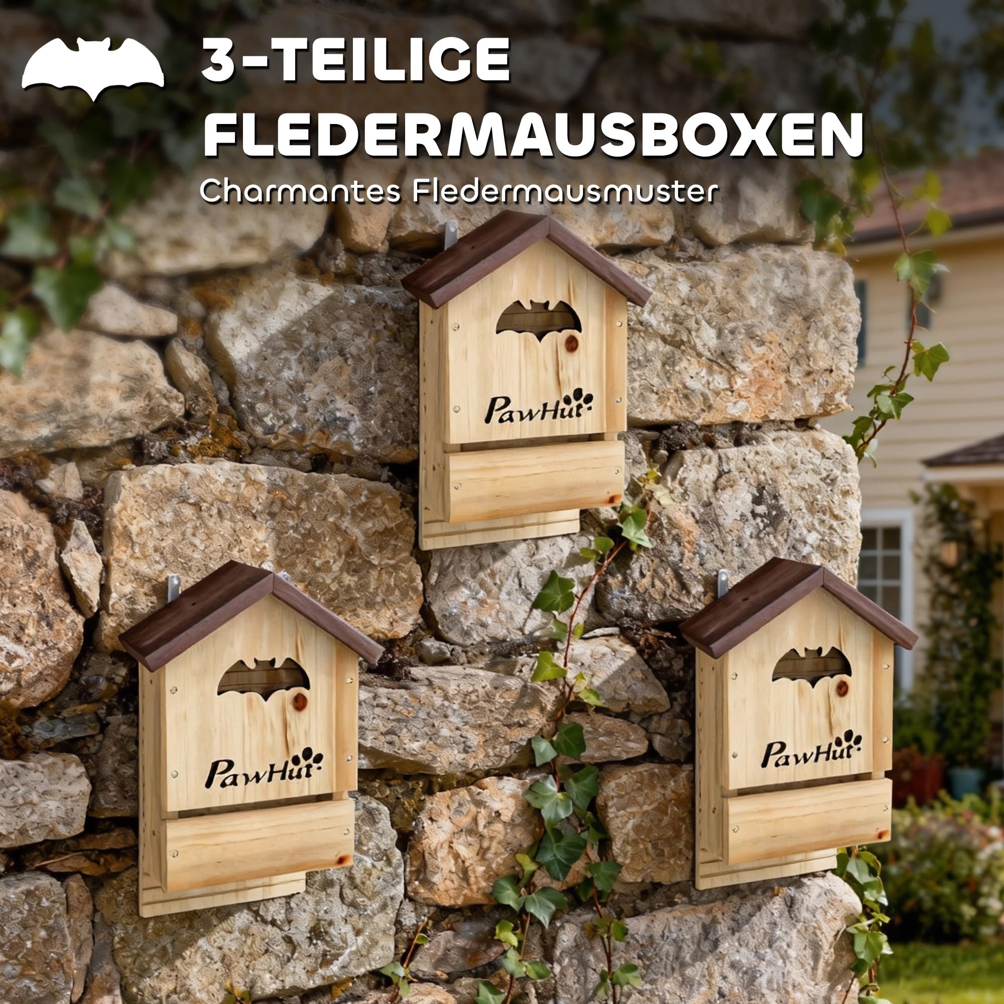 PawHut Fledermauskasten 3er Set aus Tannenholz Fledermaushaus Nistkasten für Fledermäuse zum Aufhängen für Gärten, Obstplantagen, Bauernhöfe 21,5 x 11,5 x 34 cm