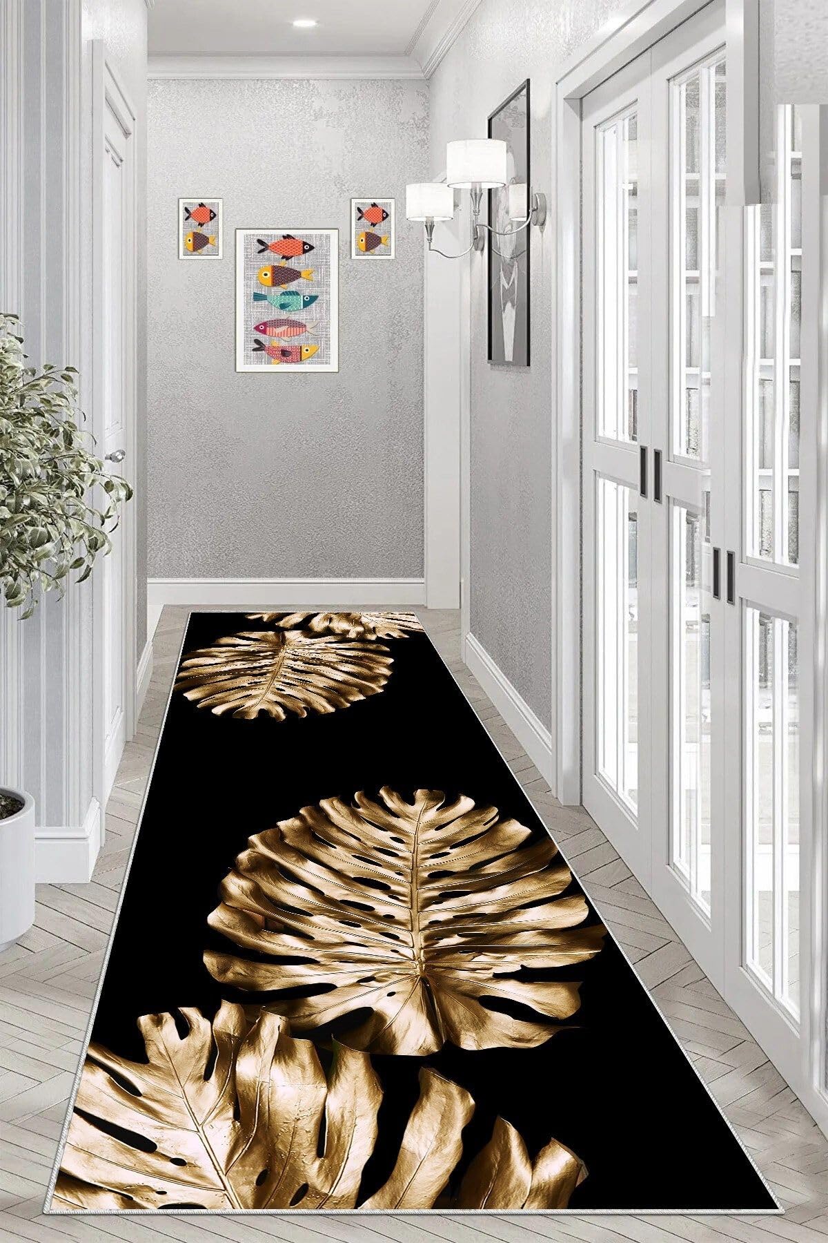 Pelangi Gold Yaprak Desenli Dijital Baskı Yıkanabilir Kaymaz Taban Salon Halısı ve Yolluk, Siyah 100 x 250, 95542561002507